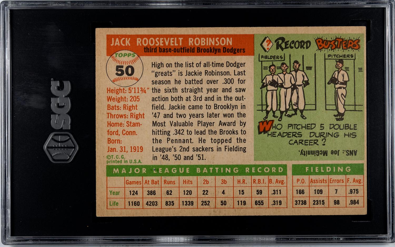 A 1955 Topps Jackie Robinson Baseball Card No. 50 (SGC 5 EX)
