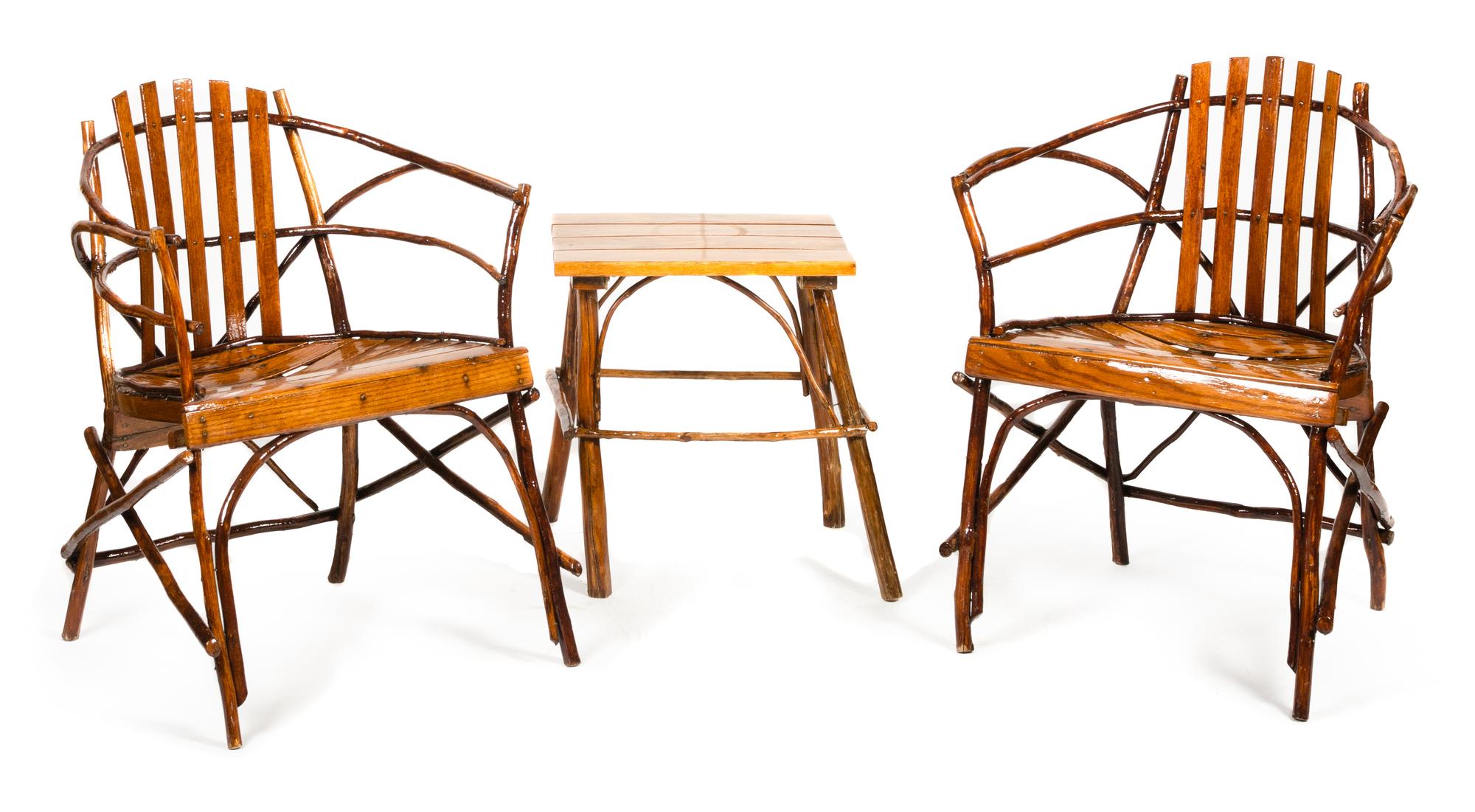 Two Old Hickory Style Chairs and Side Table Height 31 x width 25 x depth 19 inches