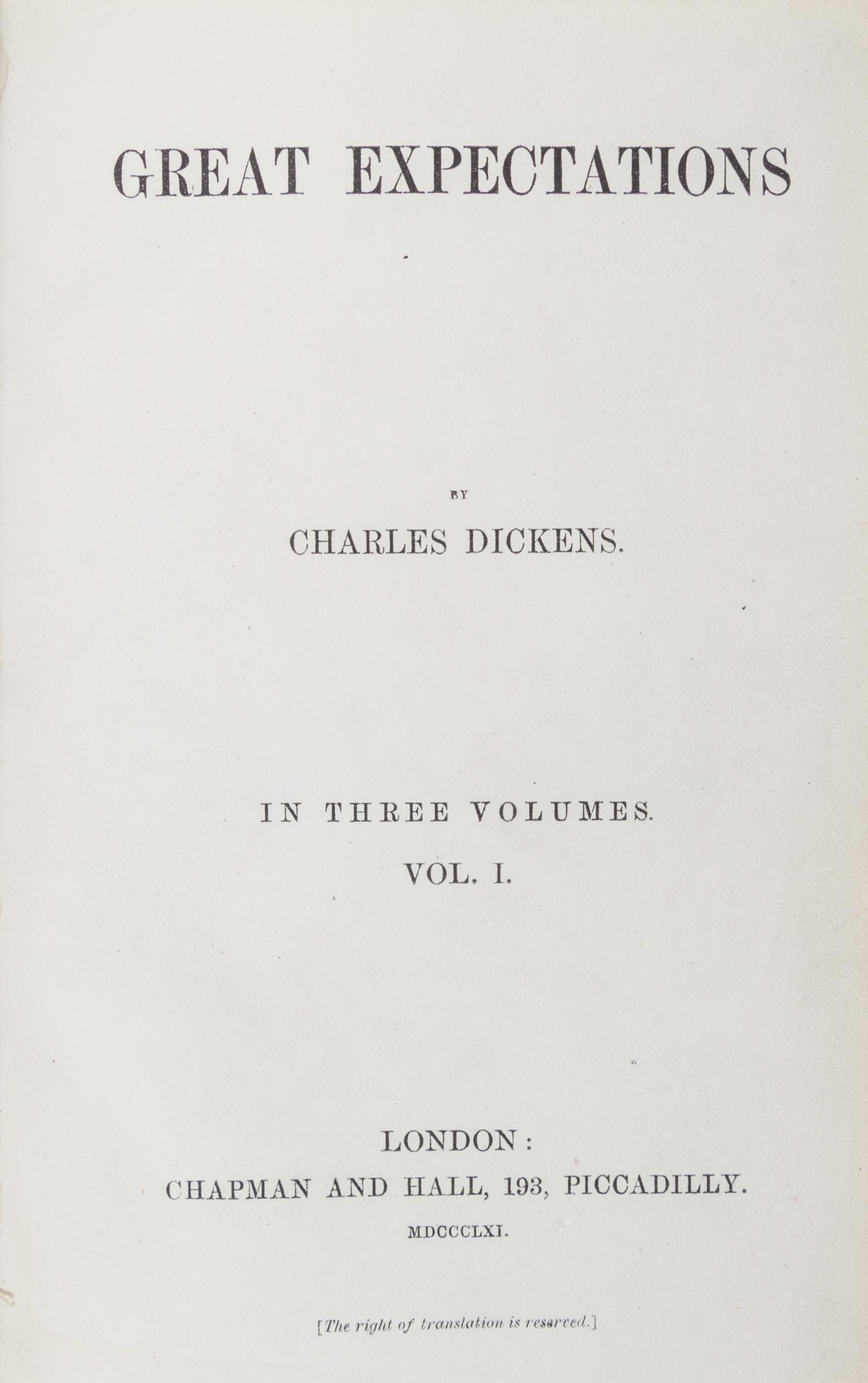 DICKENS, CHARLES. Great Expectations. London, 1861. 3 vols.