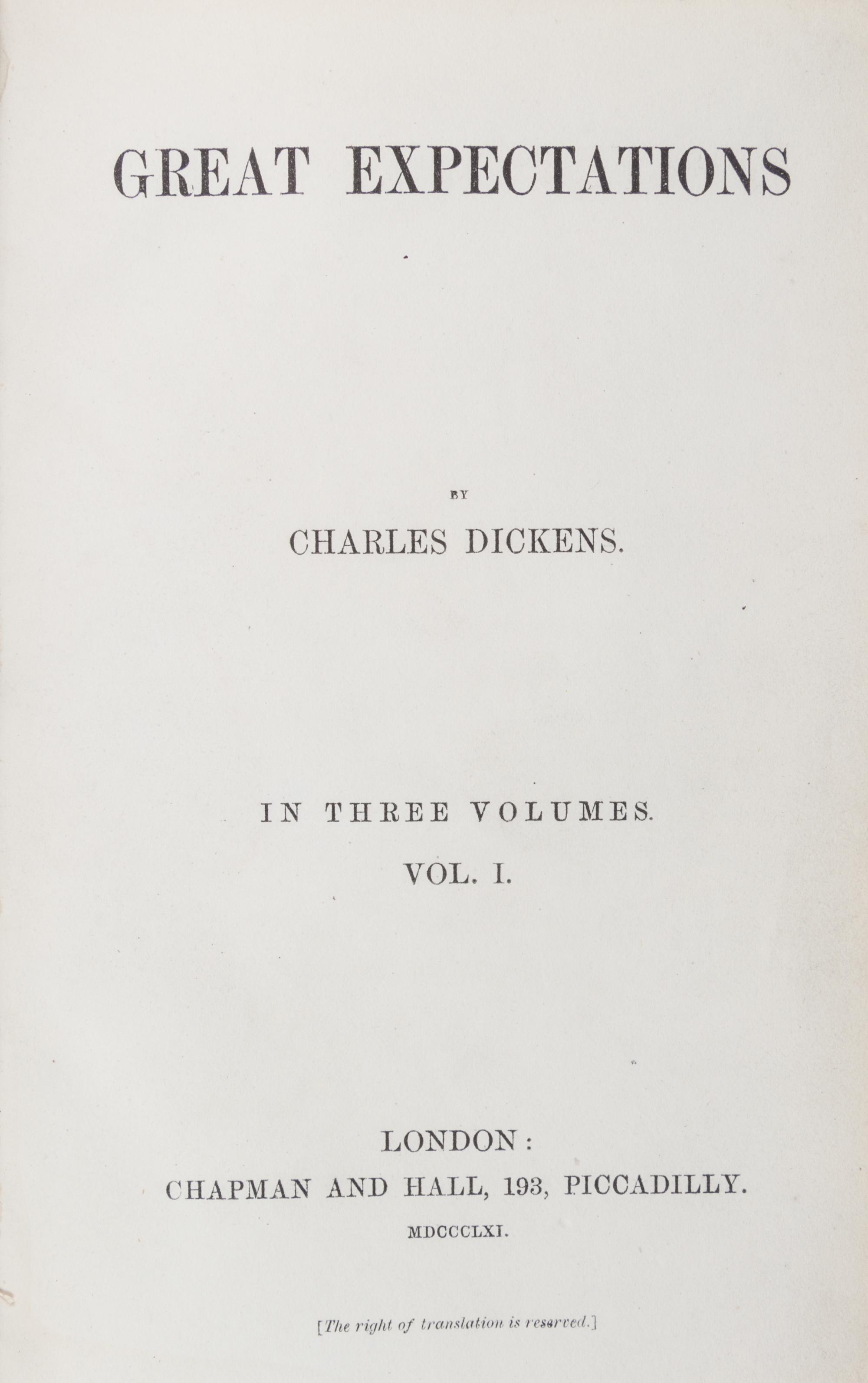 DICKENS, CHARLES. Great Expectations. London, 1861. 3 vols.