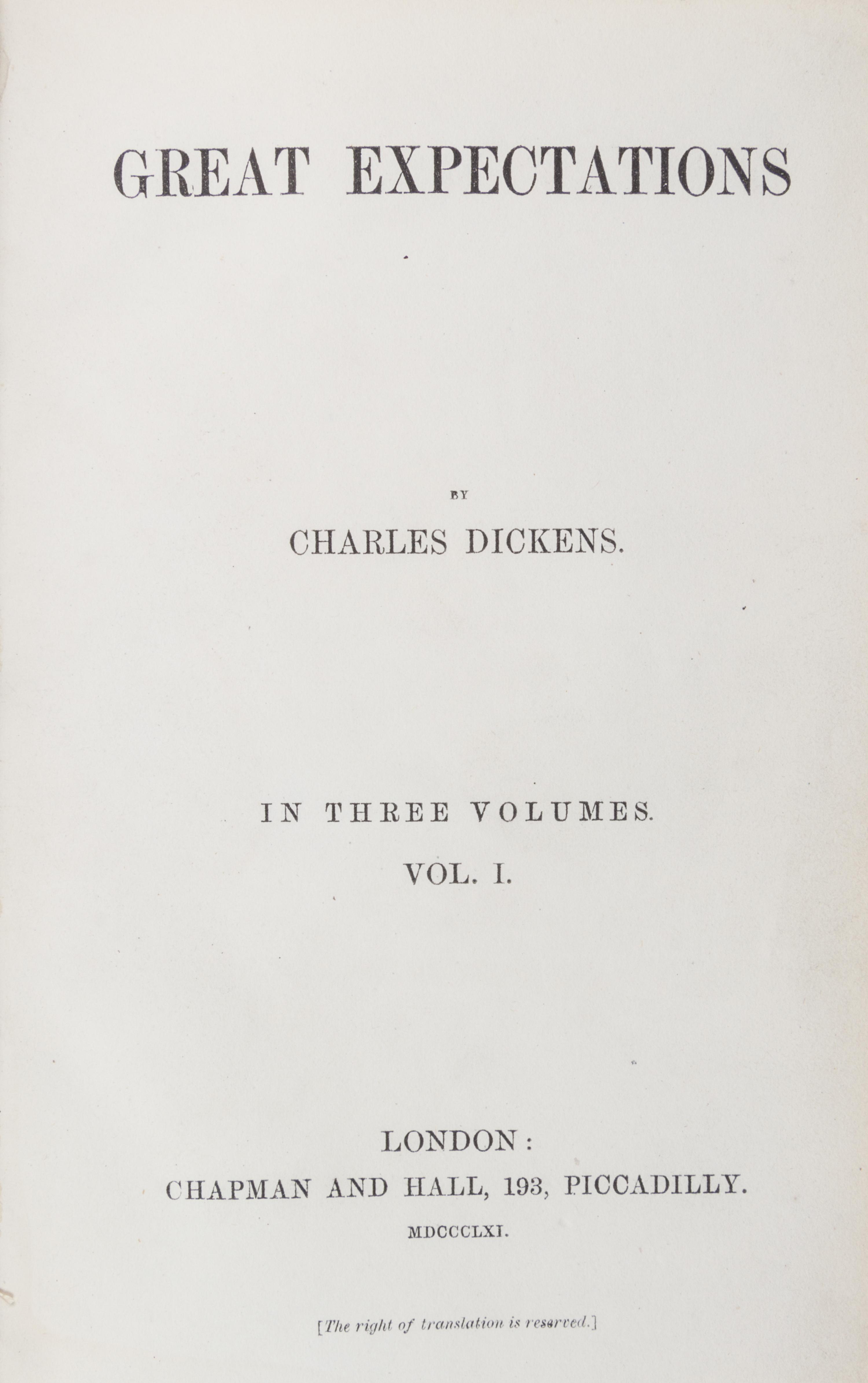 DICKENS, CHARLES. Great Expectations. London, 1861. 3 vols.