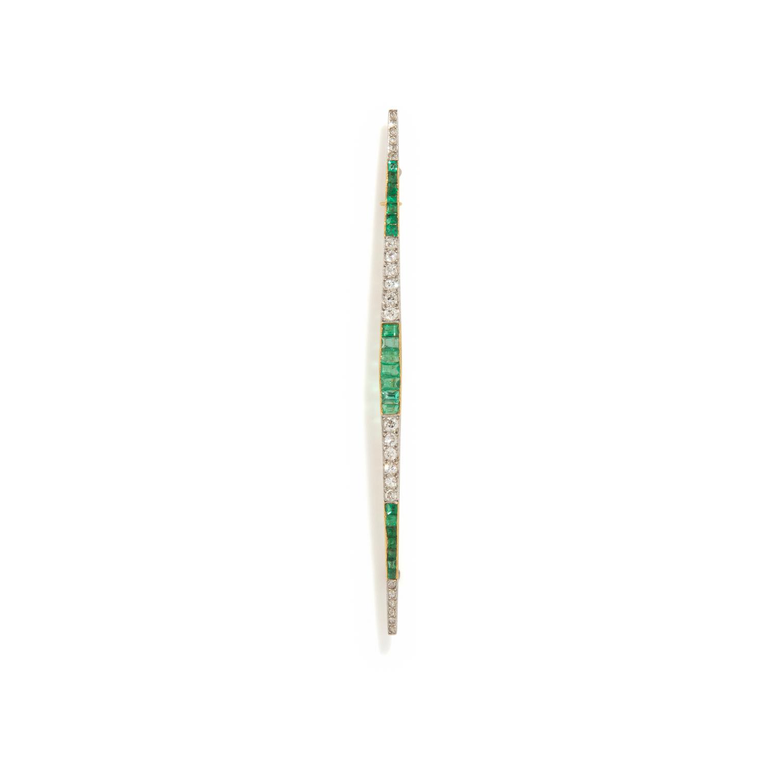 ANTIQUE, EMERALD AND DIAMOND BAR PIN