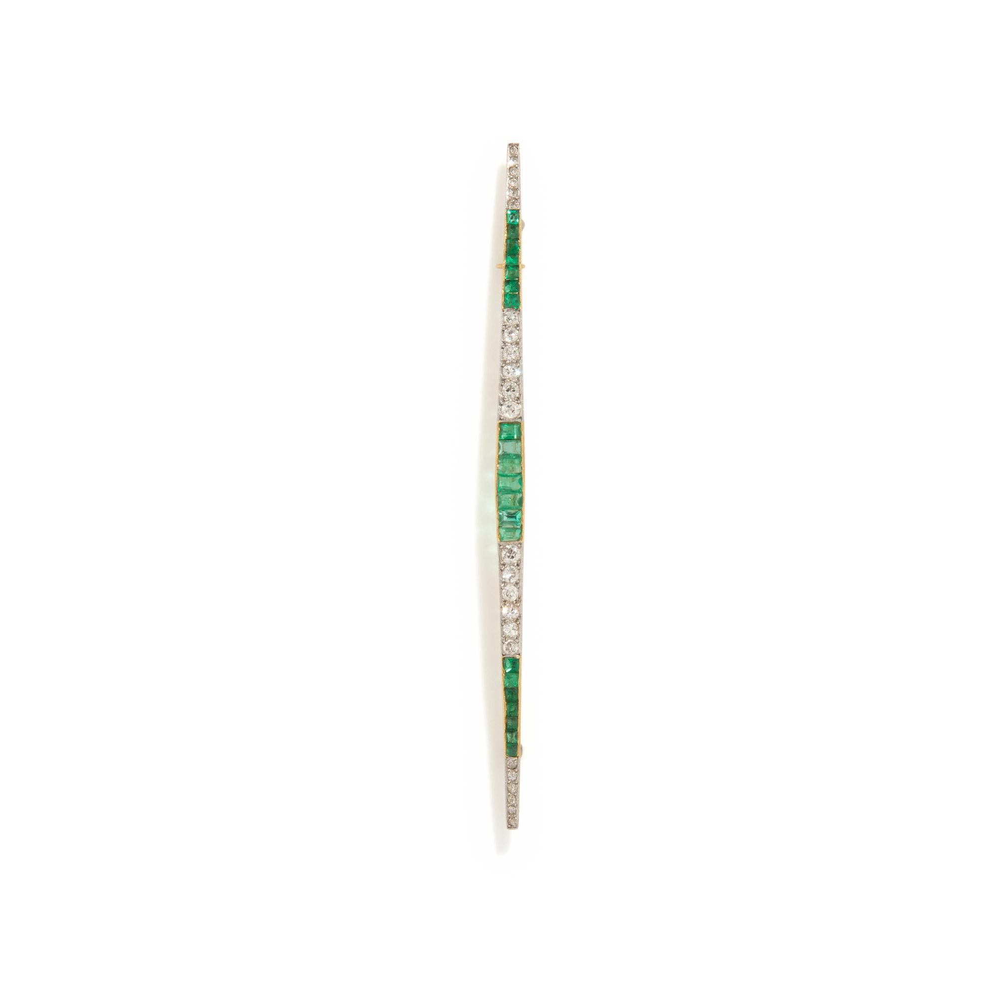 ANTIQUE, EMERALD AND DIAMOND BAR PIN