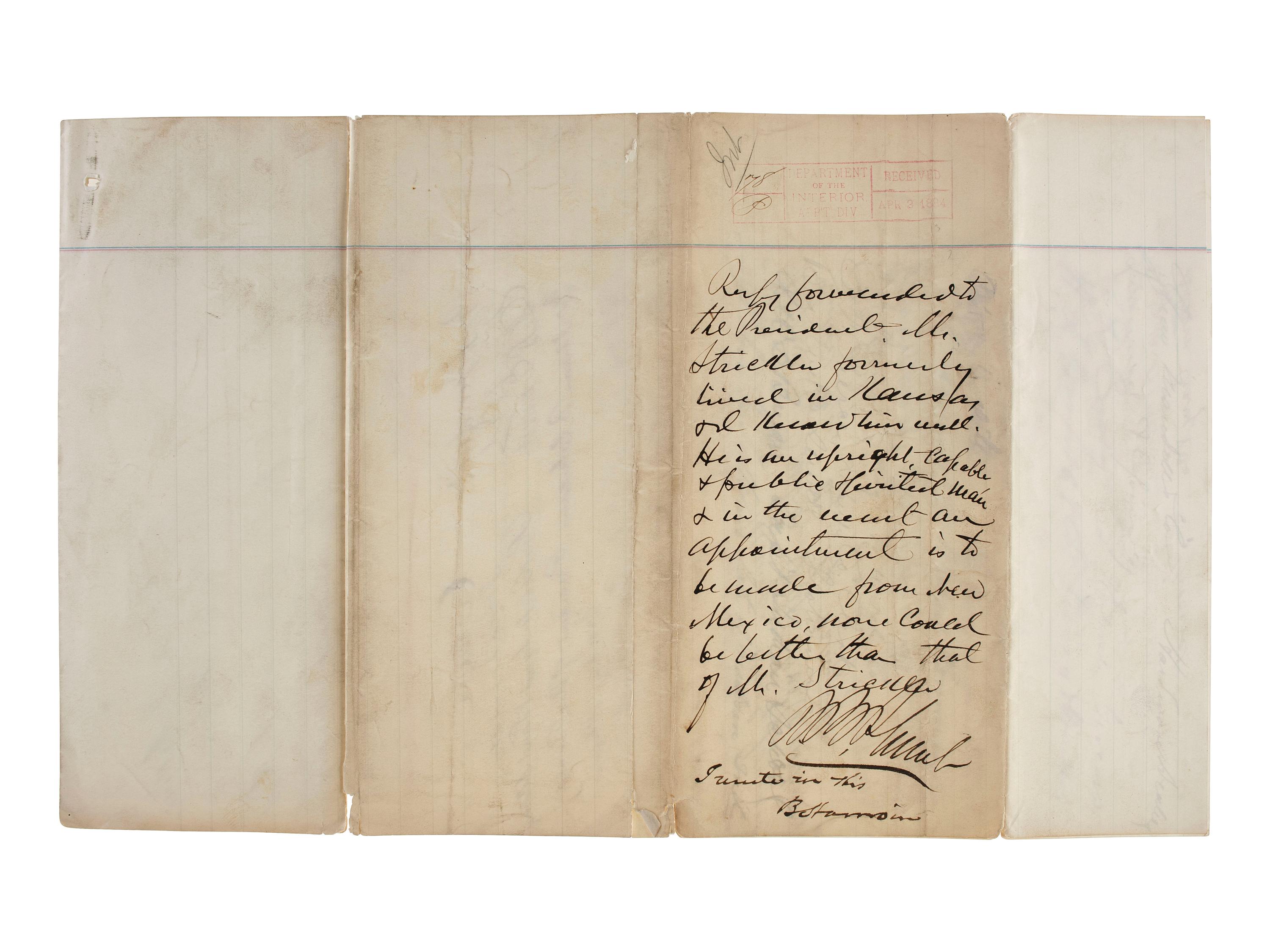 [LATE INDIAN WARS]. A group of manuscript and print ephemera related to the late Indian Wars era and western territories, highlighted by an 1884 petition to President Chester Arthur from prominent New Mexico Territory representatives.