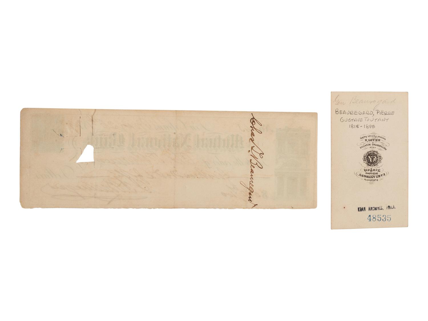 [CIVIL WAR]. BEAUREGARD, P.G.T. (1818-1893). Signed check and CDV.