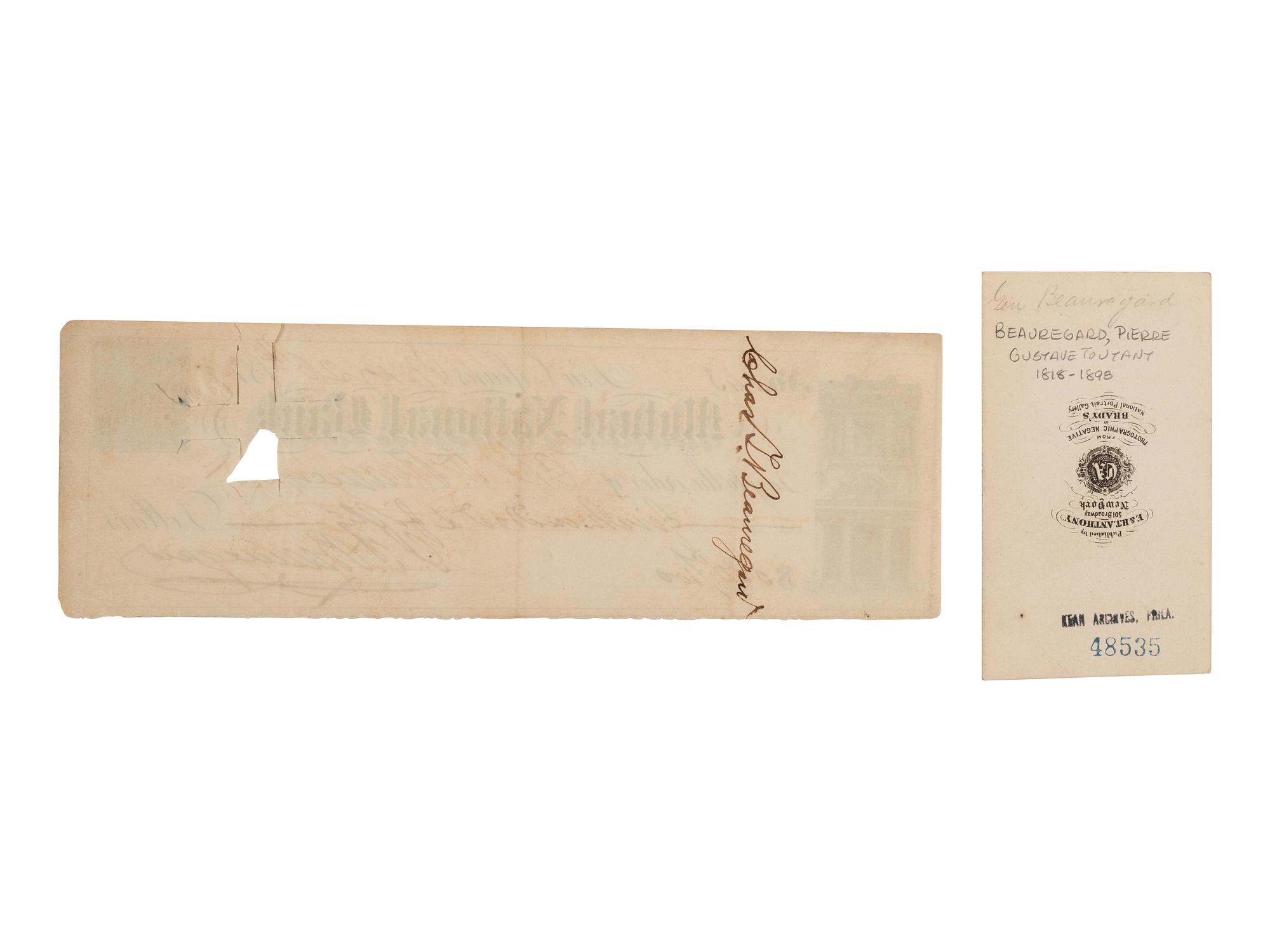[CIVIL WAR]. BEAUREGARD, P.G.T. (1818-1893). Signed check and CDV.