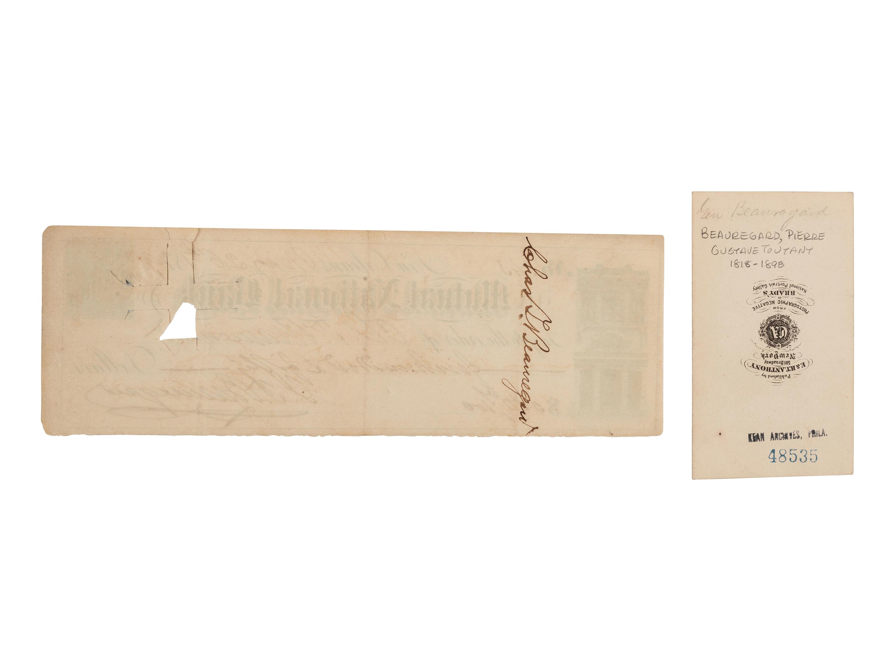 [CIVIL WAR]. BEAUREGARD, P.G.T. (1818-1893). Signed check and CDV.