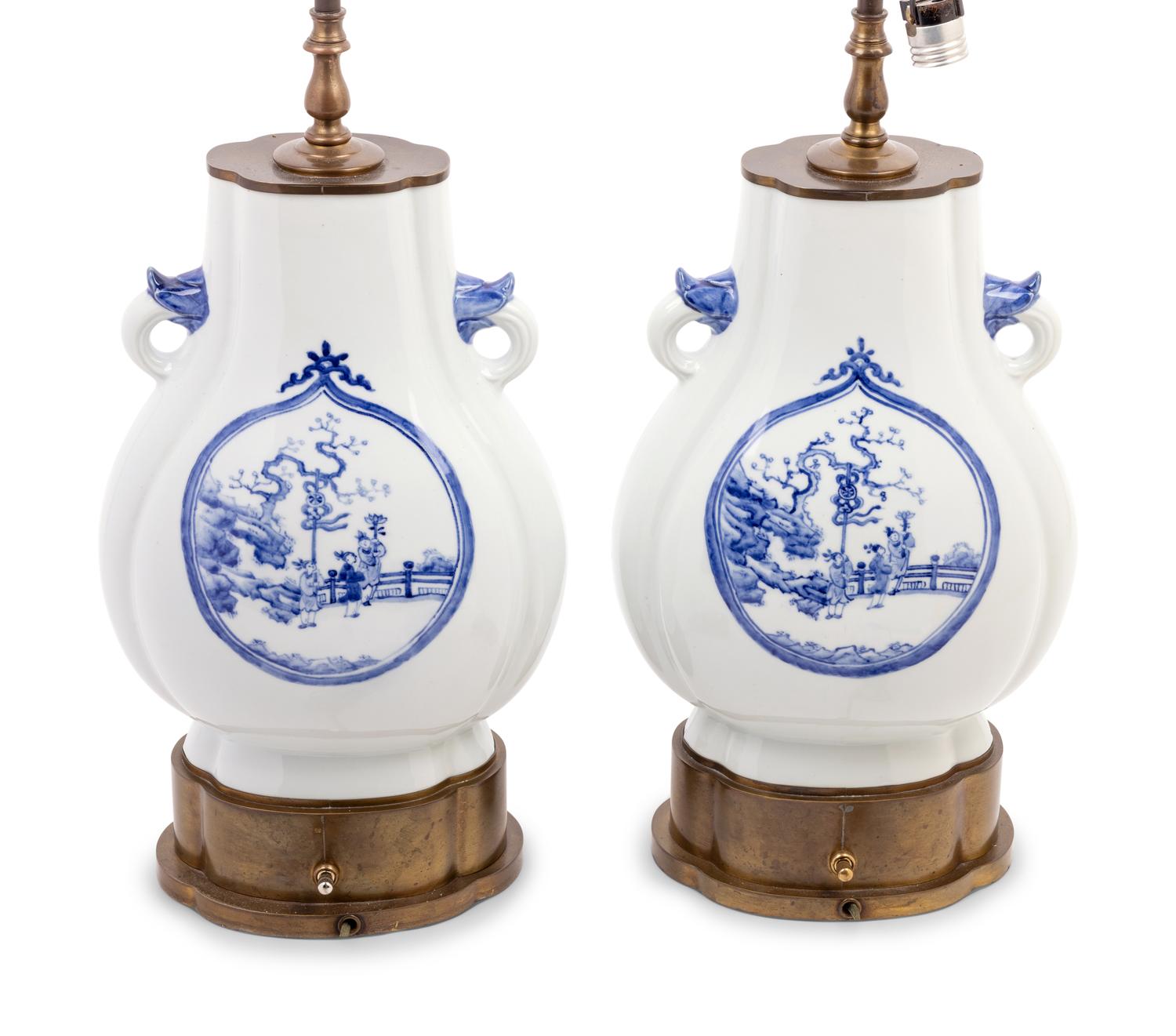 A Pair of Chinese Blue and White Porcelain Vases Mounted as Lamps