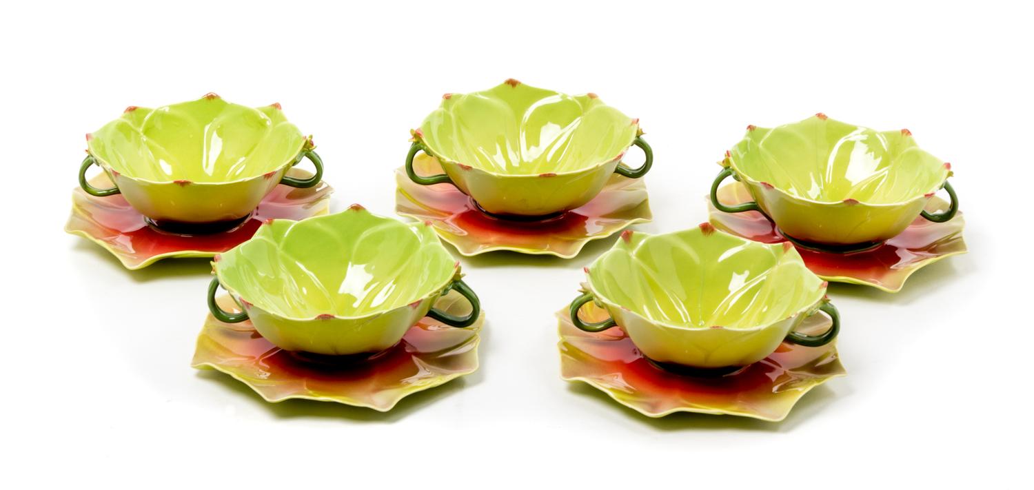 Ten Porcelain Lotus-Form Handled Soup Bowls Diameter of undertray 7 1/4 inches. — MUSTARD SEED & MOONSHINE, 20TH CENTURY