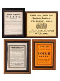[ADVERTISING] -- [MEDICINE]. A group of 4 broadsides advertising medicines and a treatment facility, comprising: