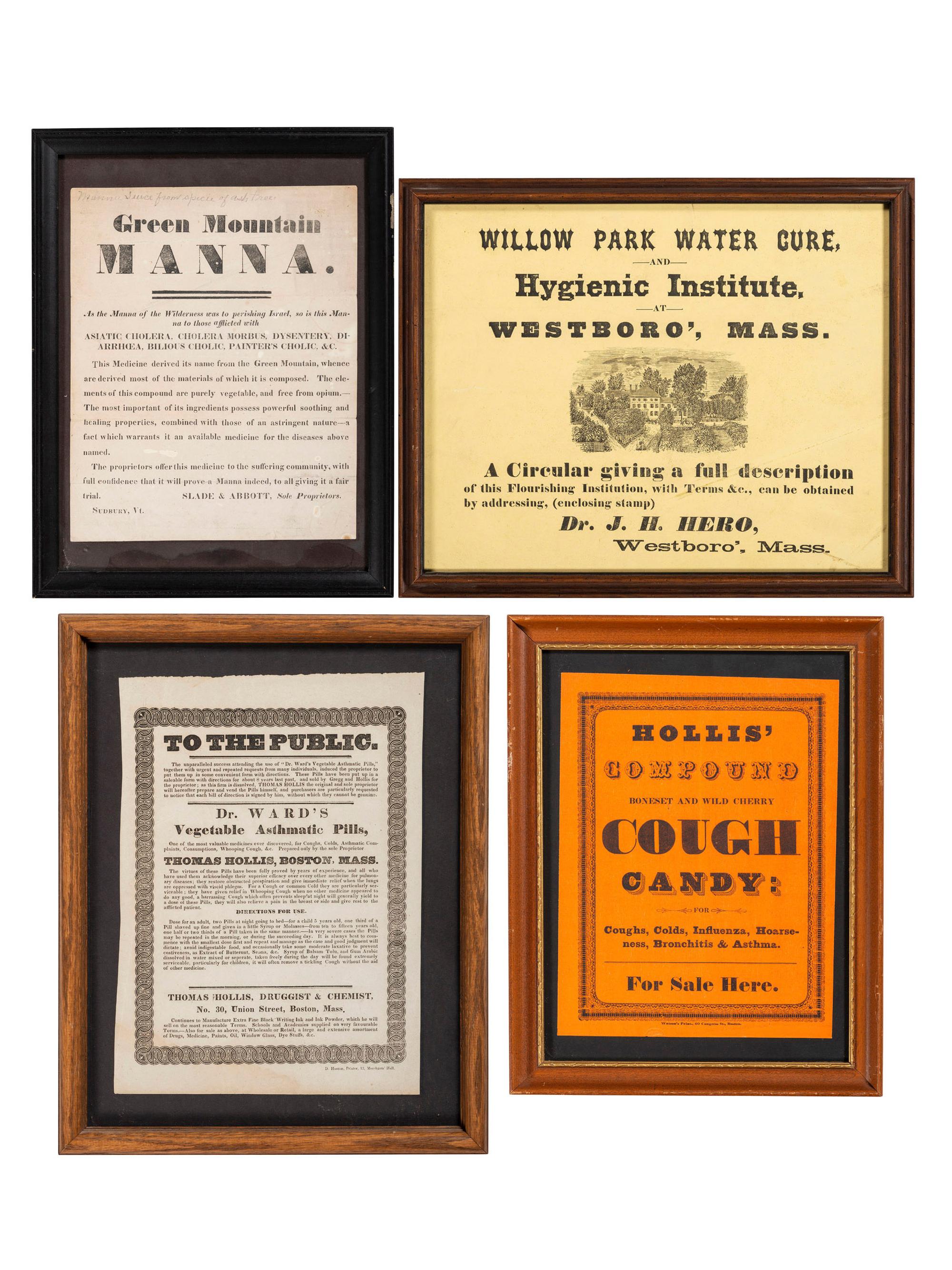 [ADVERTISING] -- [MEDICINE]. A group of 4 broadsides advertising medicines and a treatment facility, comprising: