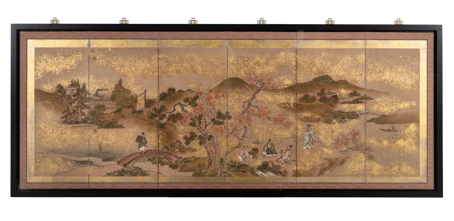 A Japanese Painted Paper Six-Panel Screen