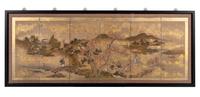 A Japanese Painted Paper Six-Panel Screen