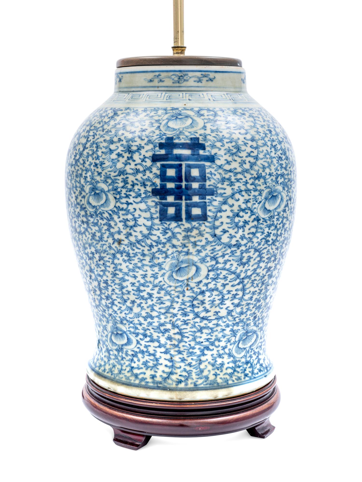 A Chinese Export Blue and White Porcelain Vase Mounted as a Lamp
