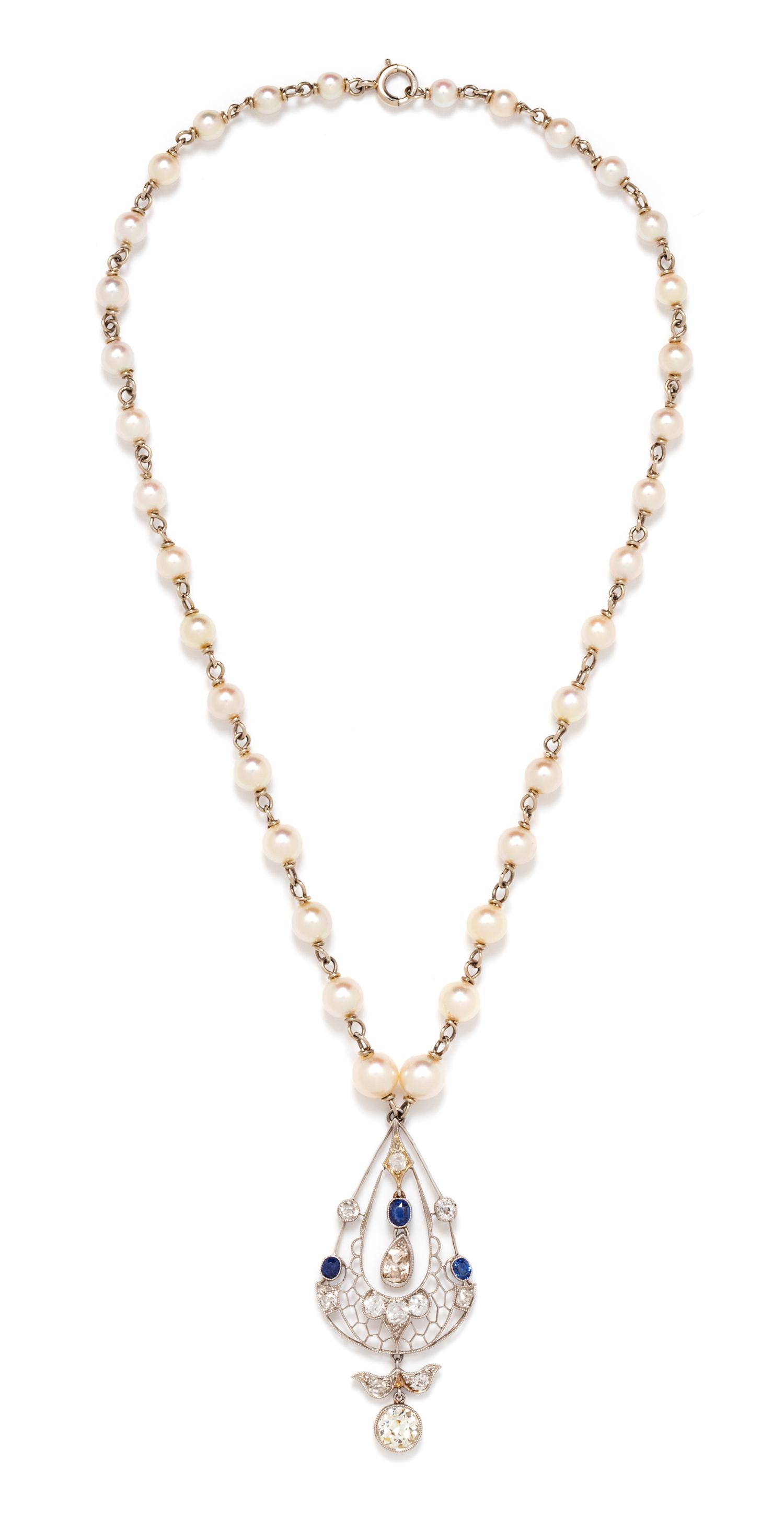 An Edwardian Platinum, Diamond and Sapphire Pendant and White Gold and Cultured Pearl Necklace, 10.80 dwts.