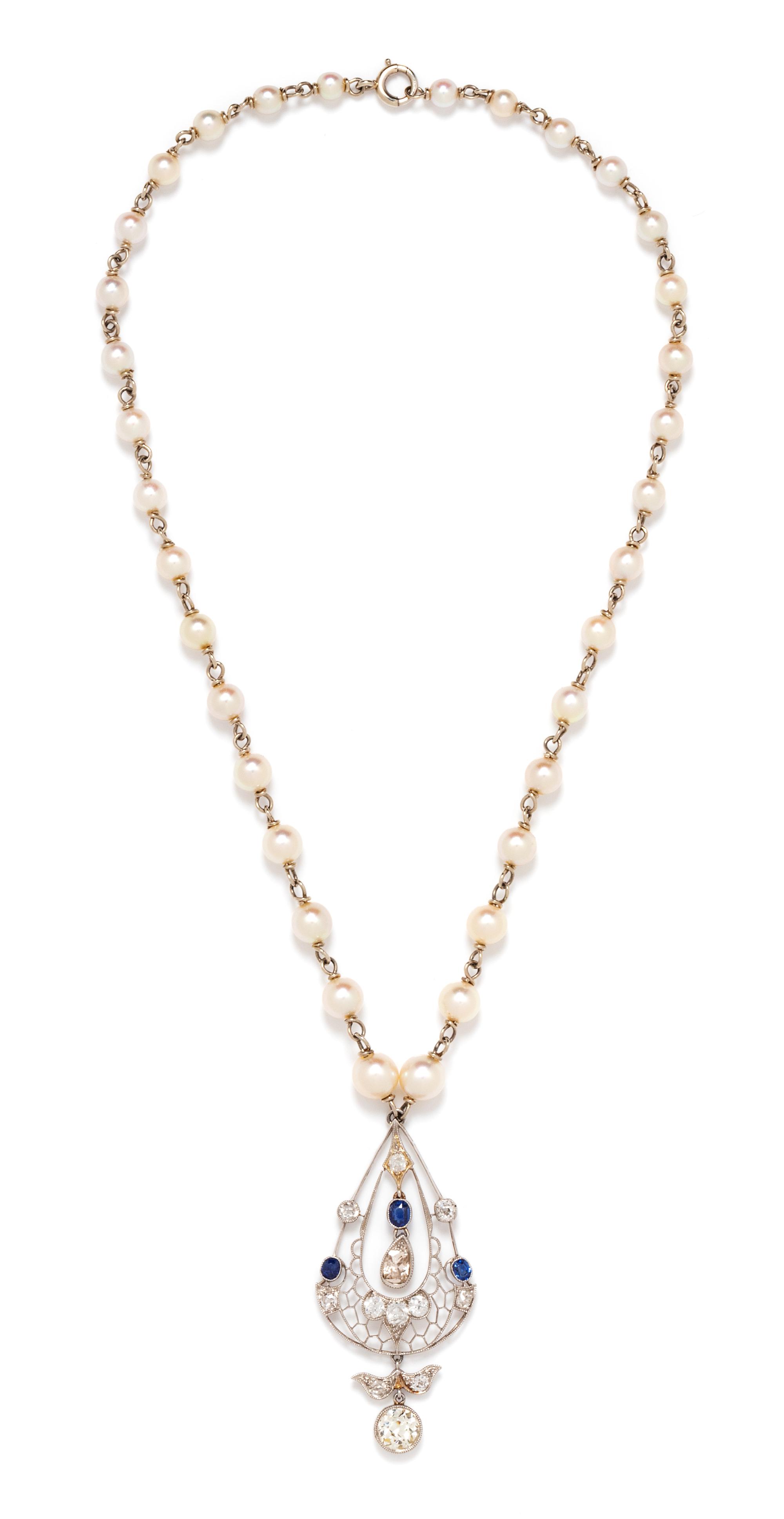 An Edwardian Platinum, Diamond and Sapphire Pendant and White Gold and Cultured Pearl Necklace, 10.80 dwts.