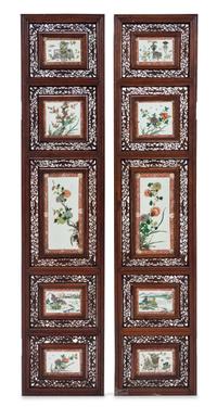 A Pair of Famille Verte Porcelain Inset Hardwood Panels Height 56 5/8 x width 12 3/8 x depth 1 1/8 inches. — LATE QING DYNASTY