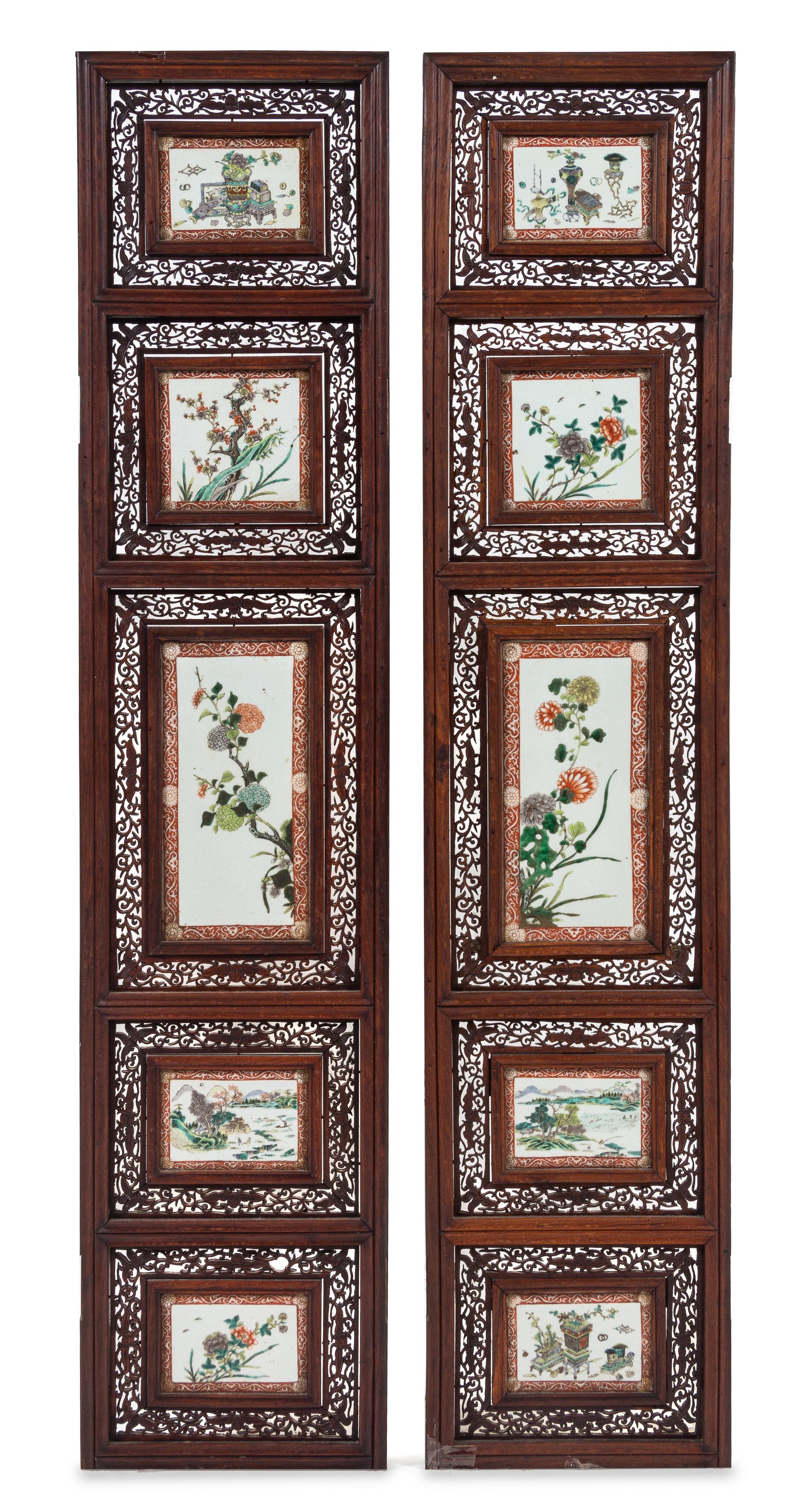 A Pair of Famille Verte Porcelain Inset Hardwood Panels Height 56 5/8 x width 12 3/8 x depth 1 1/8 inches. — LATE QING DYNASTY
