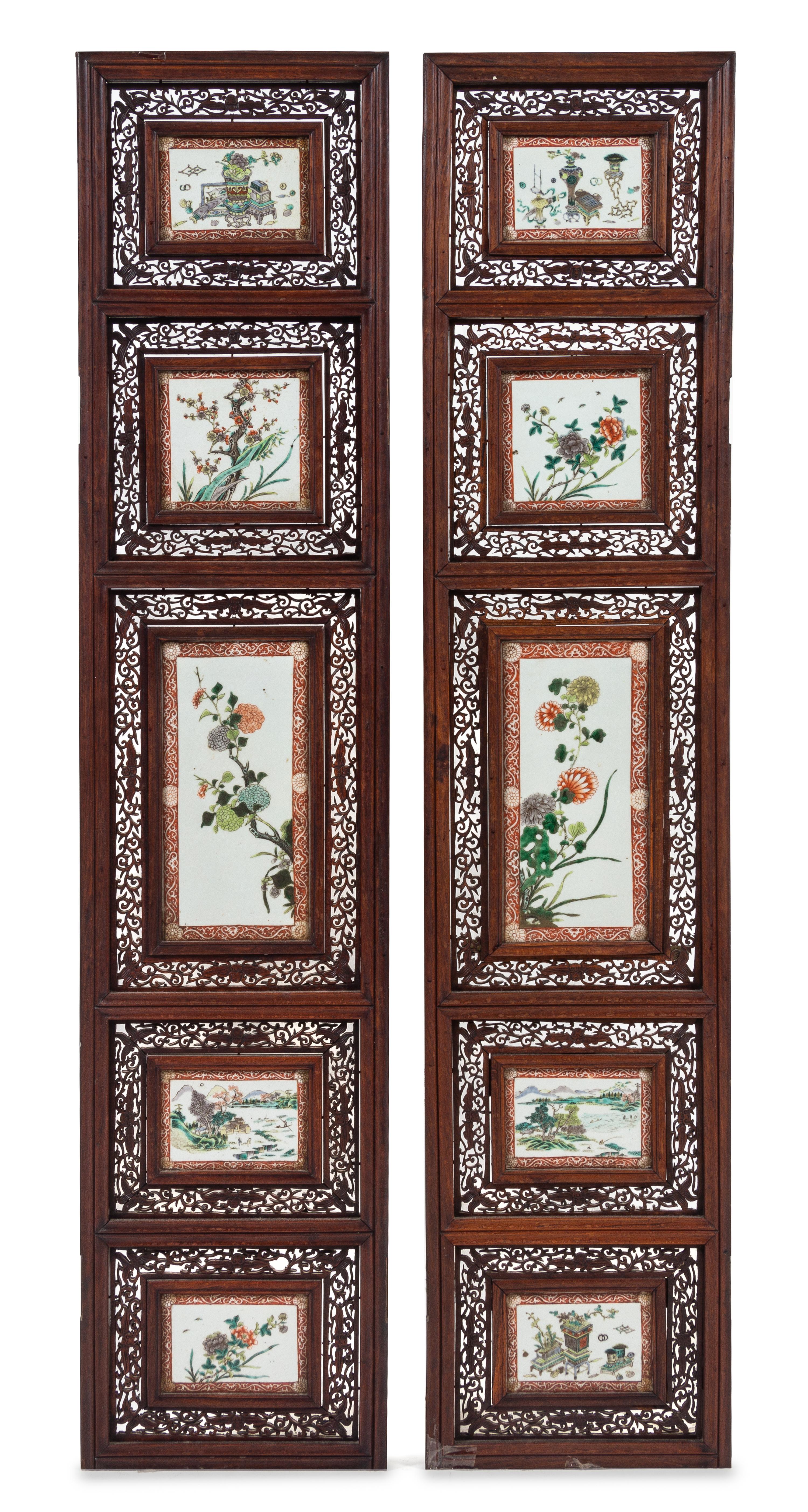 A Pair of Famille Verte Porcelain Inset Hardwood Panels Height 56 5/8 x width 12 3/8 x depth 1 1/8 inches. — LATE QING DYNASTY