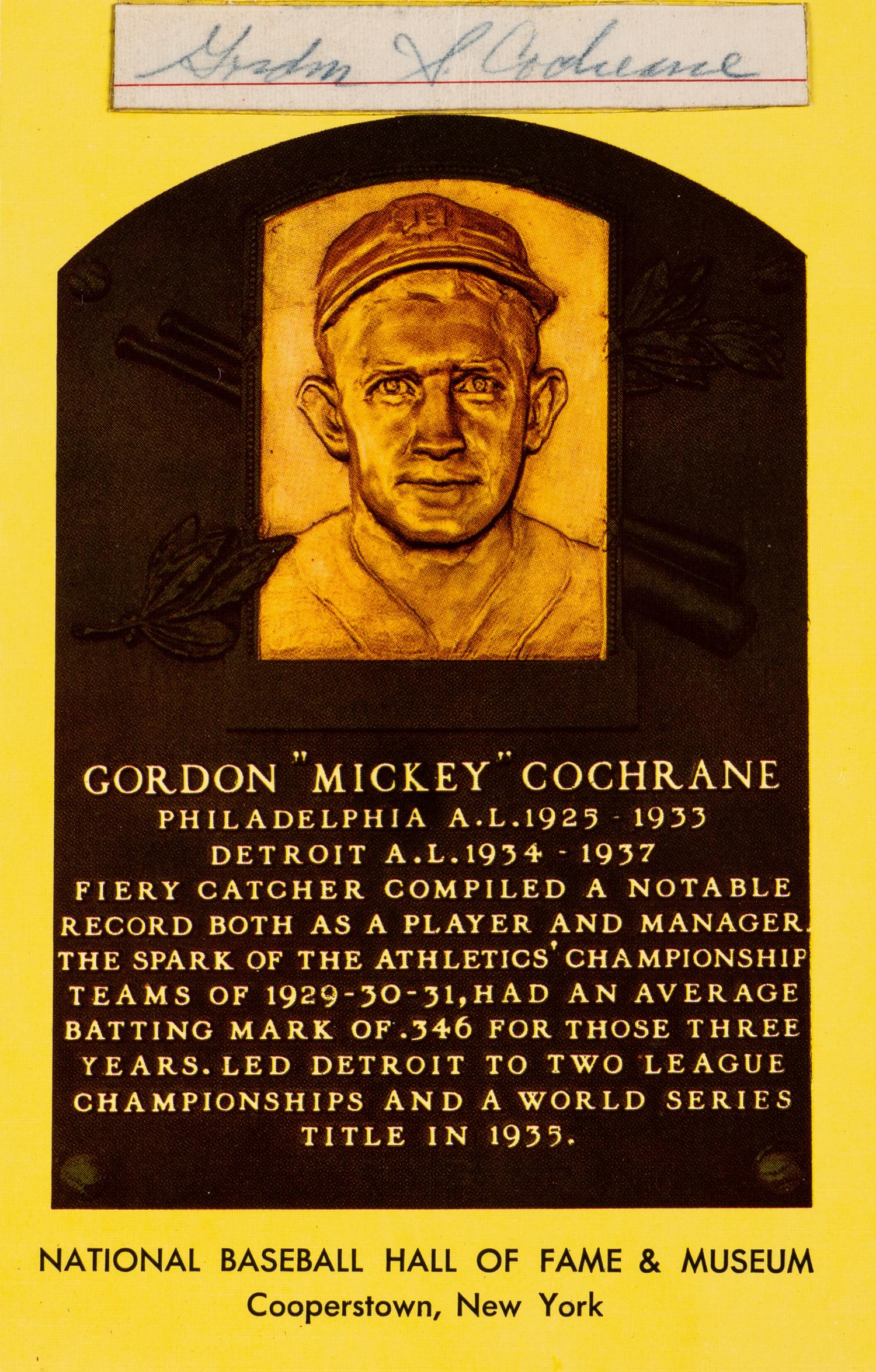 A Mickey Cochrane Hall of Fame Postcard With Cut Gordon Cochrane Signature (Beckett Authentication Services Pre Certified)