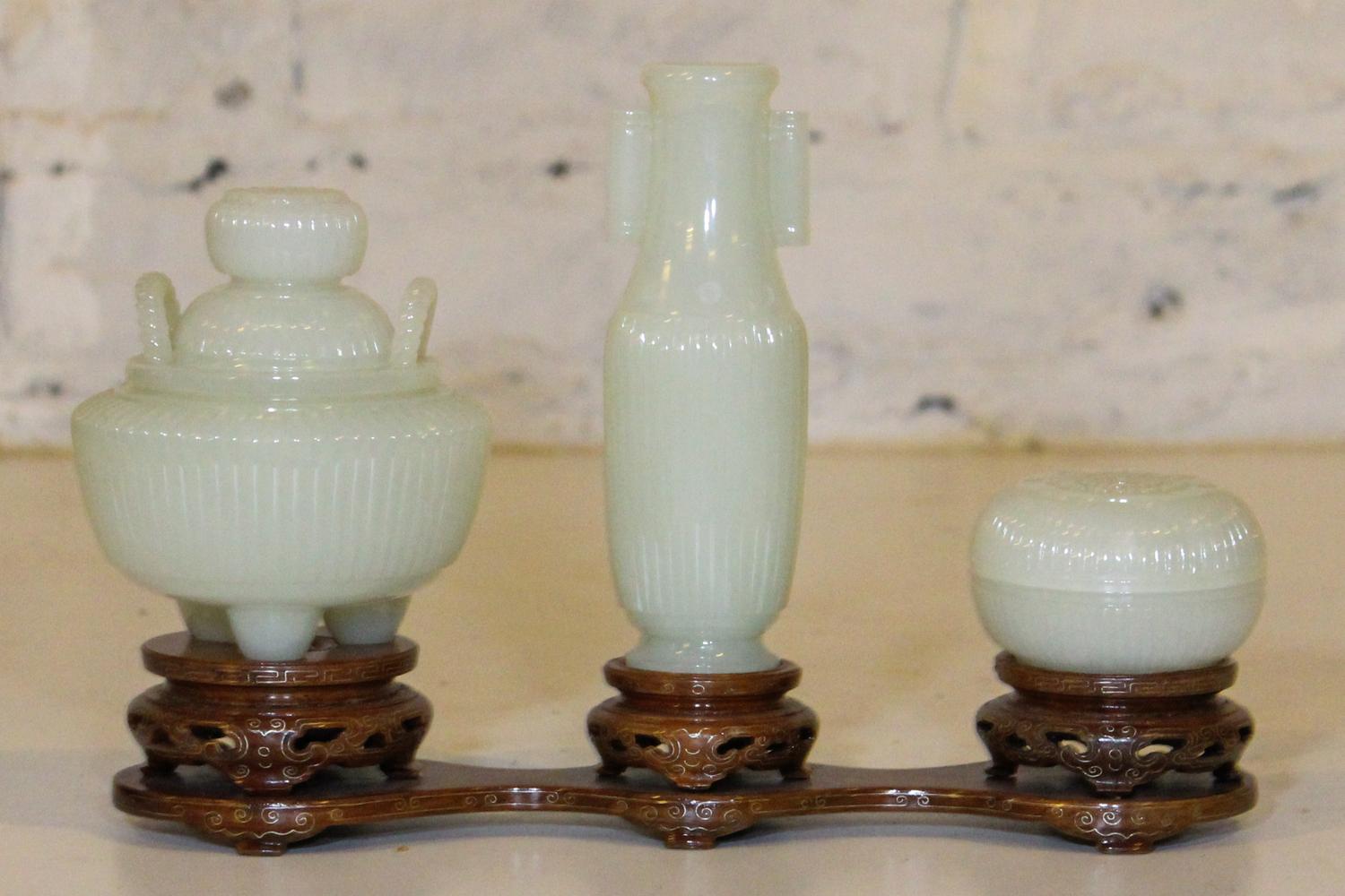 Three Carved White Jade Vessels Height of tallest 5 1/4 inches. — 20TH CENTURY