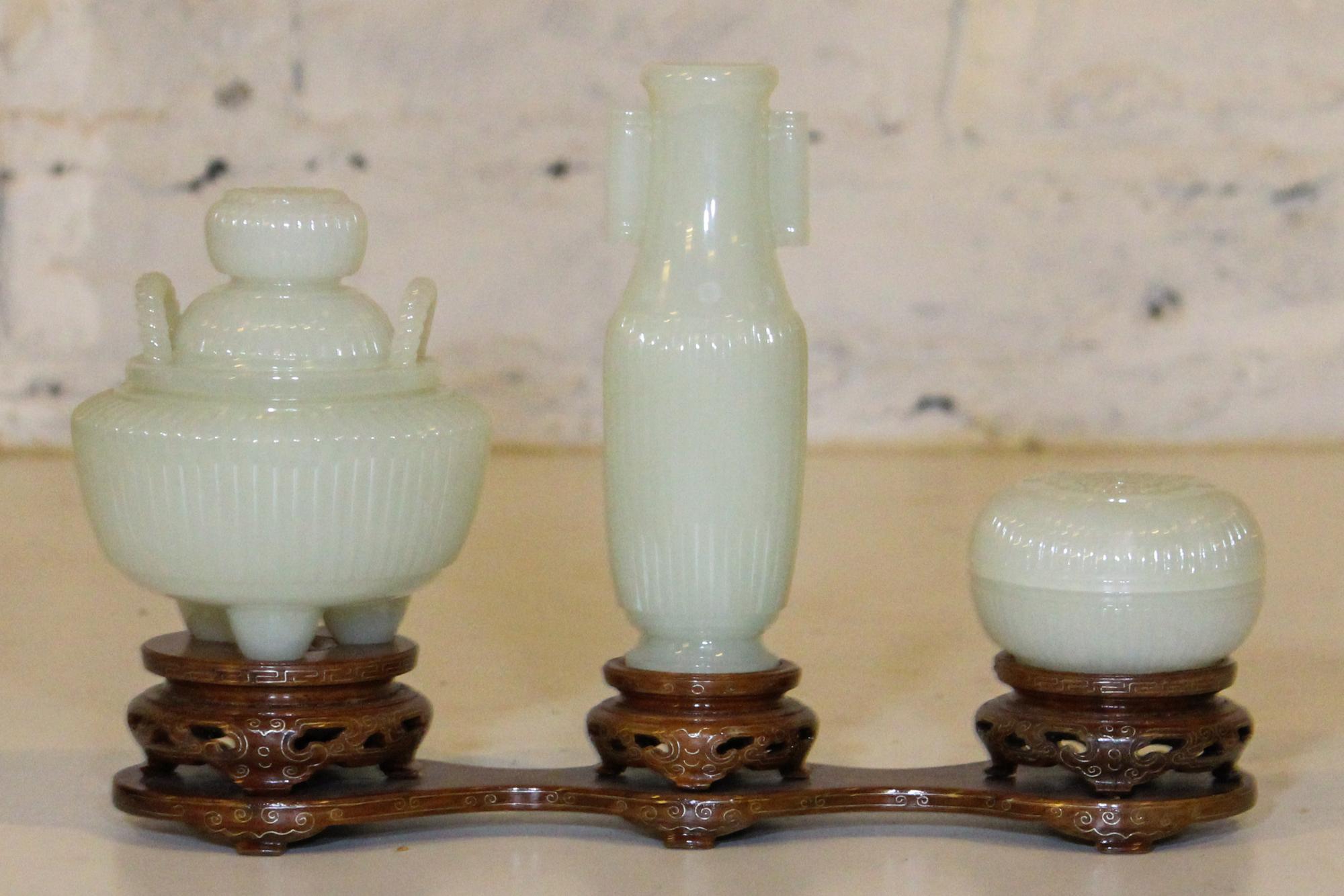 Three Carved White Jade Vessels Height of tallest 5 1/4 inches. — 20TH CENTURY