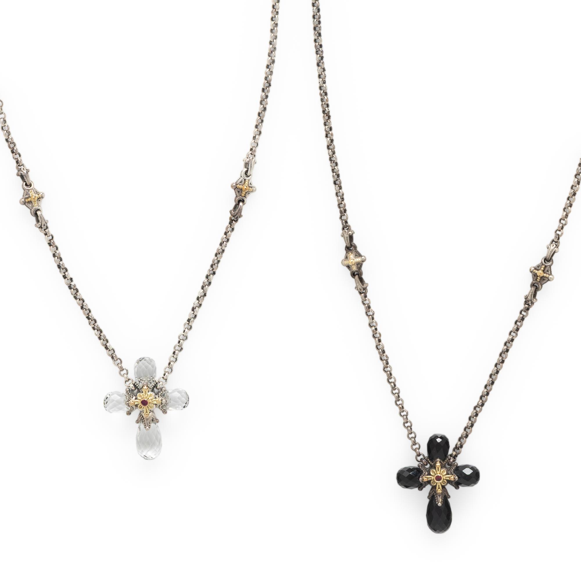 Konstantino, Two Sterling Silver and Crystal 'Pythia' Cross Pendant Necklaces