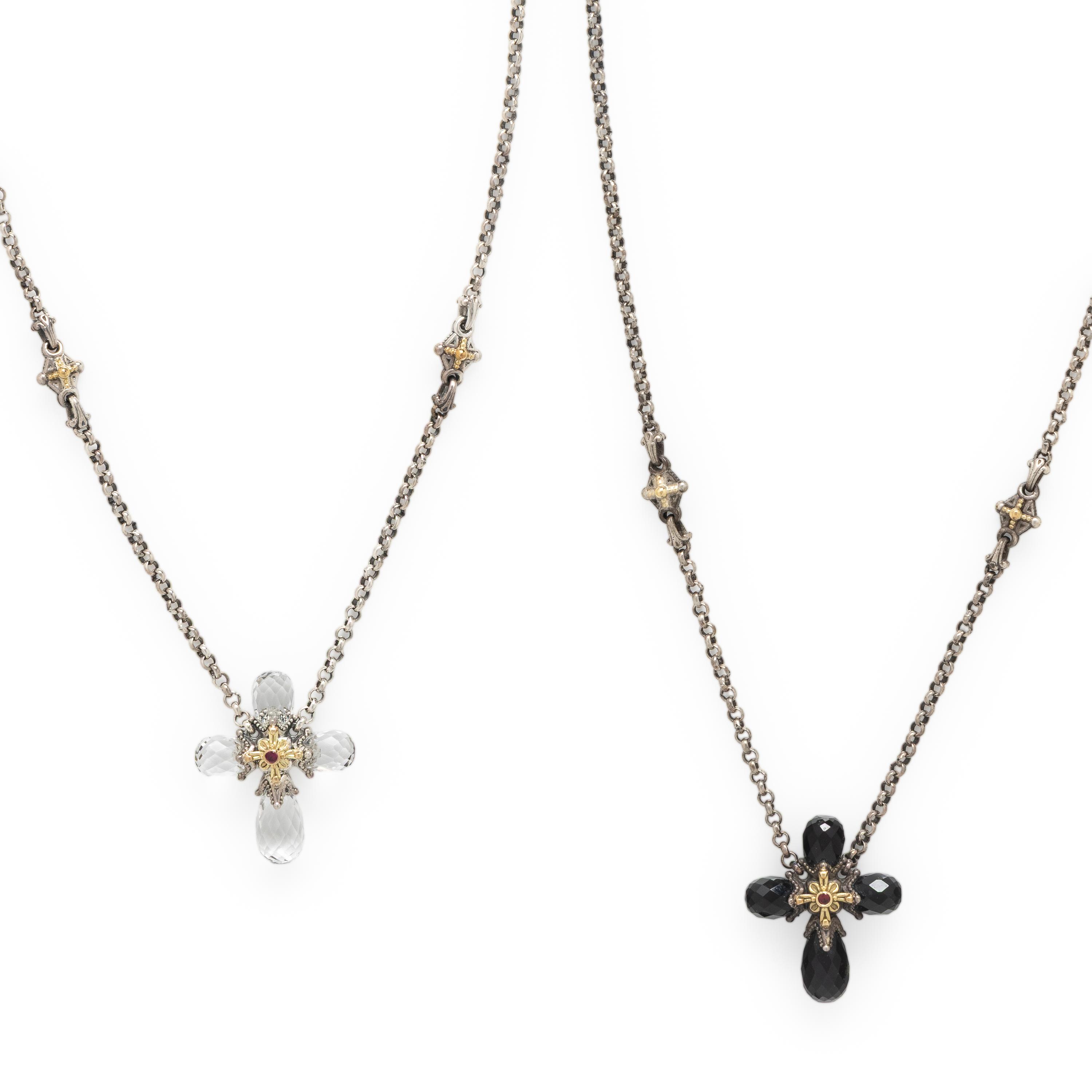 Konstantino, Two Sterling Silver and Crystal 'Pythia' Cross Pendant Necklaces