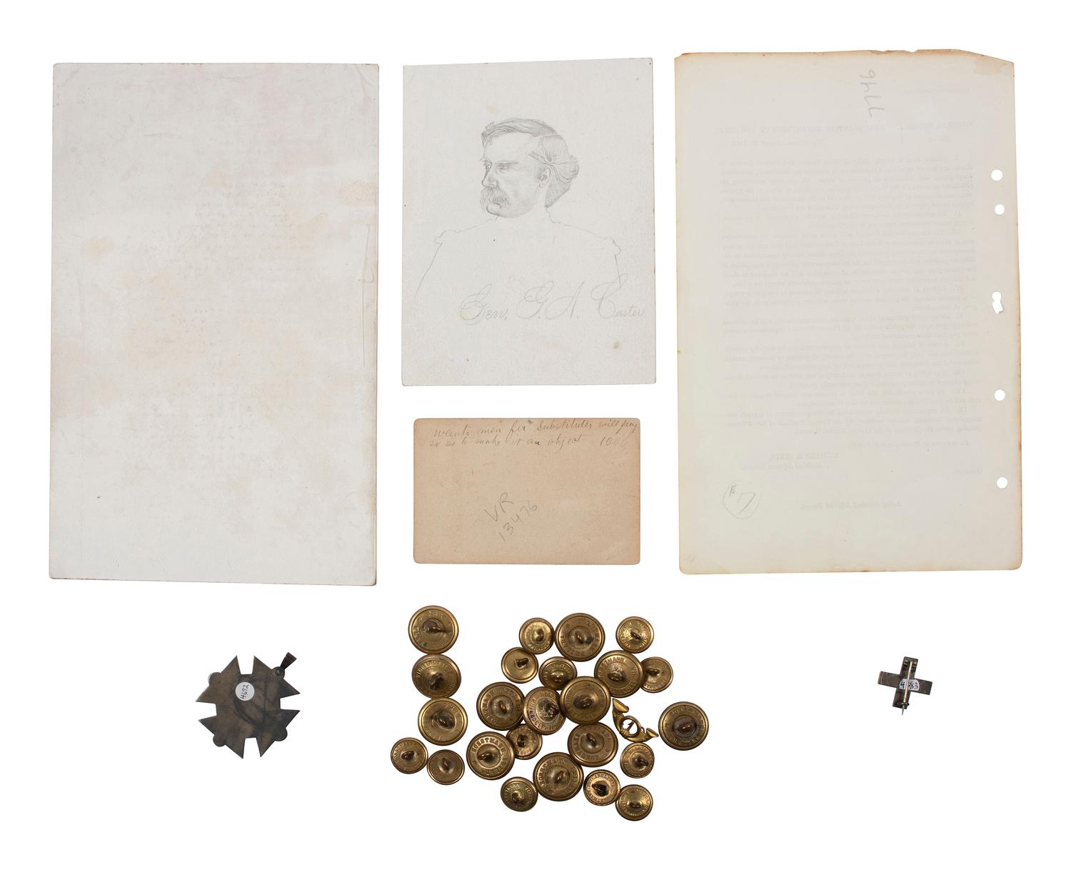 [CIVIL WAR]. A group of period items including corps badge, buttons, books, escutcheon, and more.
