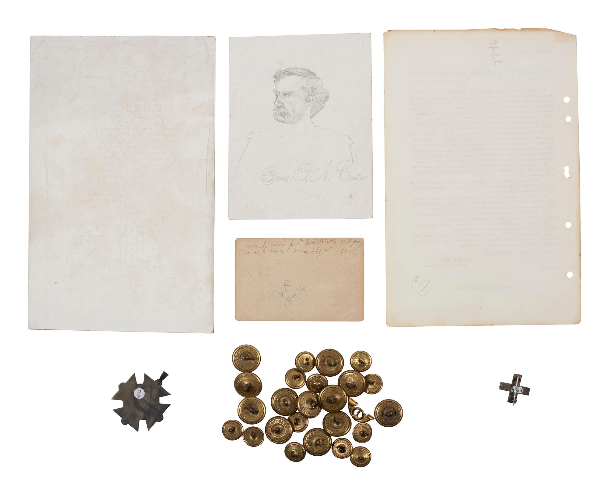 [CIVIL WAR]. A group of period items including corps badge, buttons, books, escutcheon, and more.