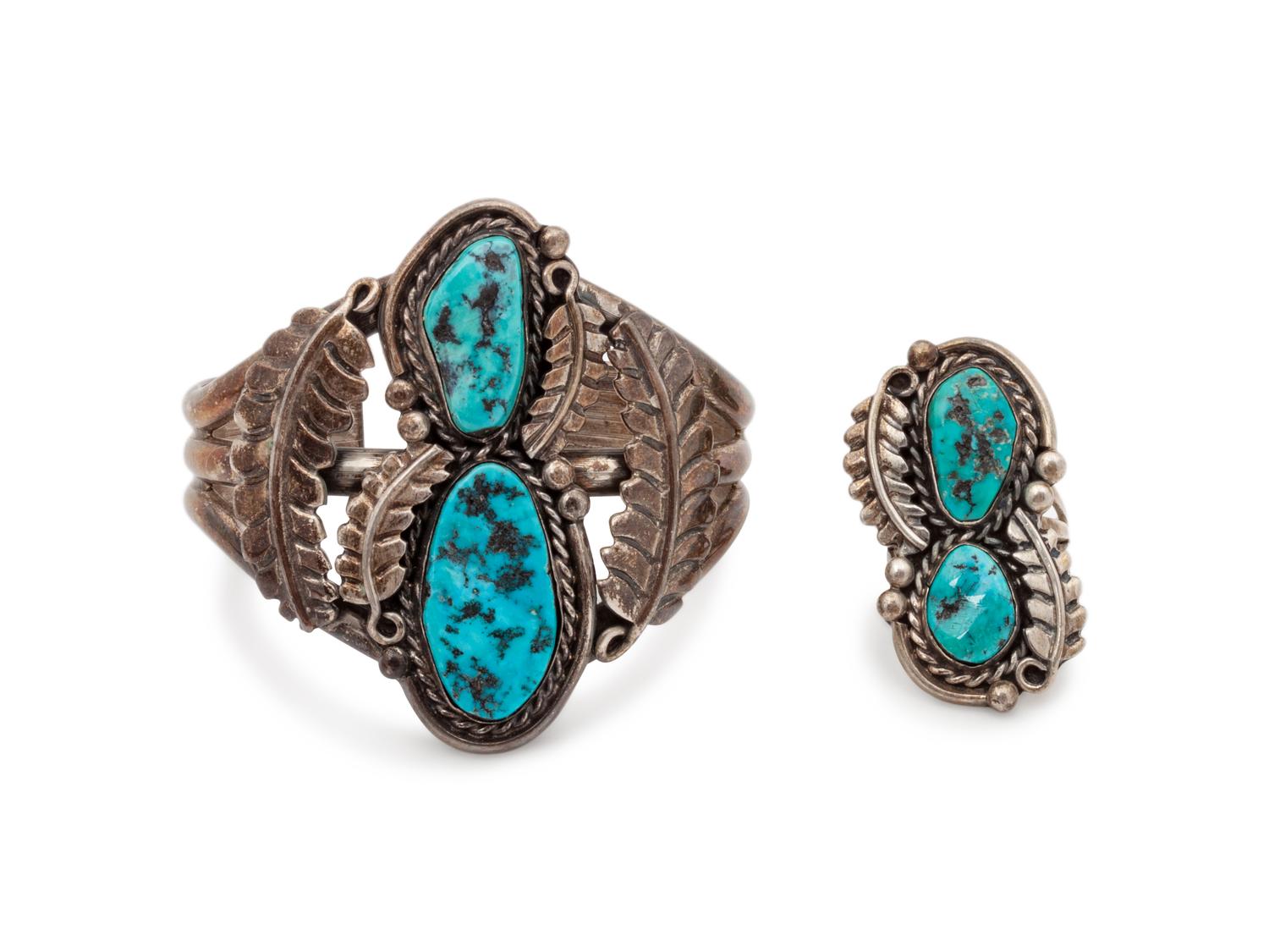 Navajo Silver and Turquoise Squash Blossom, Cuff Bracelet, and Ring Set
