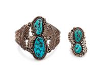 Navajo Silver and Turquoise Squash Blossom, Cuff Bracelet, and Ring Set