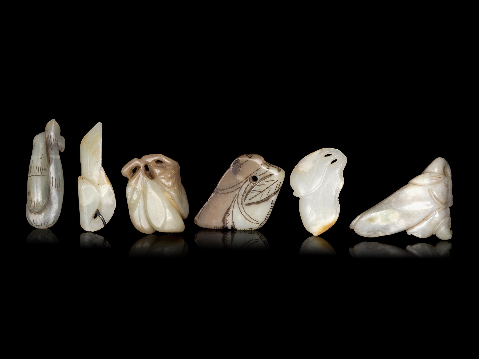 Six Chinese Celadon Jade Carvings of Aubergines