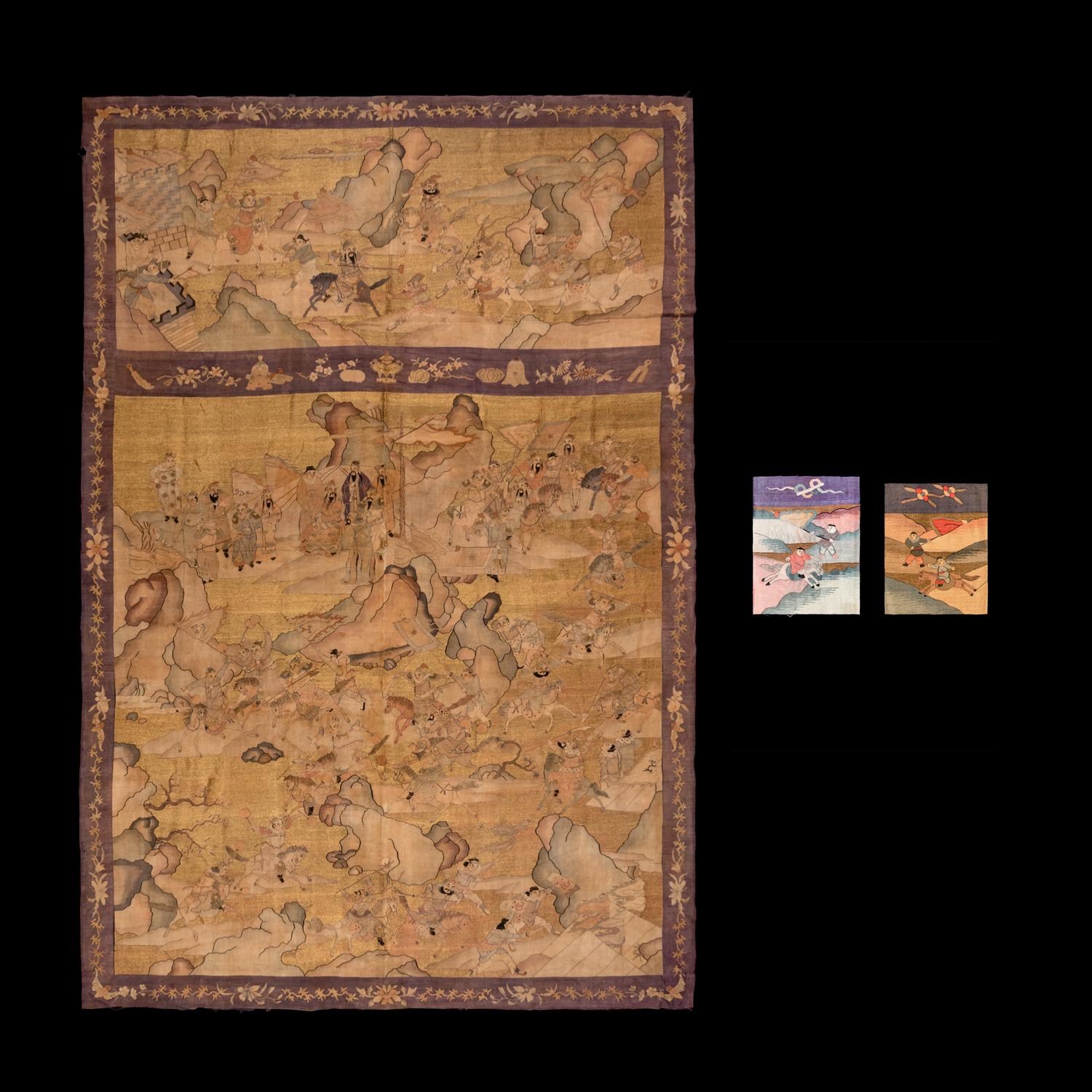 A Large Chinese Kesi 'Three Kingdom ' Silk Panel and Two Small Fragments, Late 19th Century 清晚期 金地緙絲三國故事圖挂賬及人物故事圖兩幅