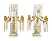 A Pair of Gilt Bronze and Marble Three-Light Candelabra