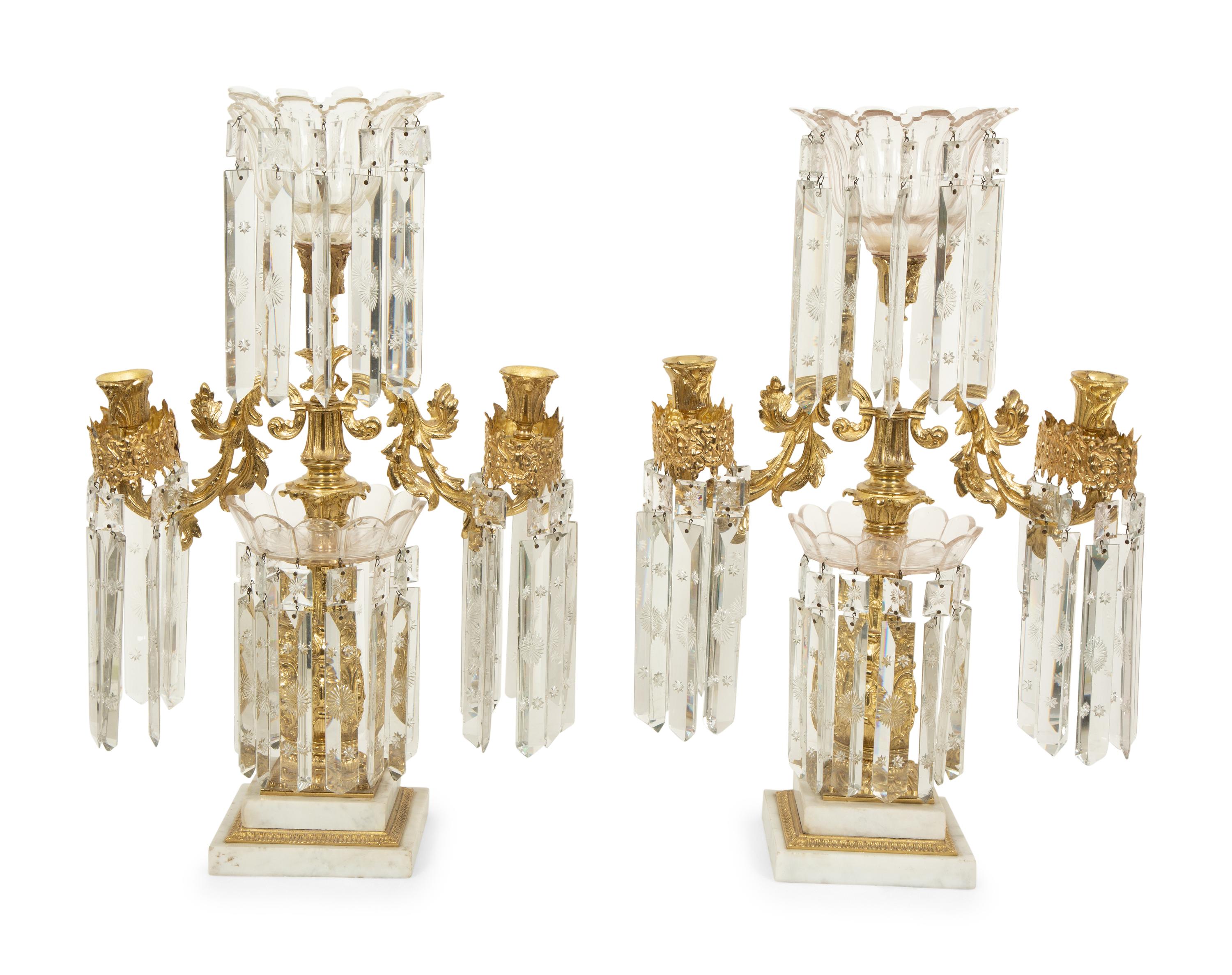 A Pair of Gilt Bronze and Marble Three-Light Candelabra