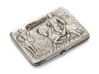 A Russian Silver Cigarette Case, Mark of Pytor Petrov, Moscow, early 20th century, the lid worked to show two warriors on horseback wit
