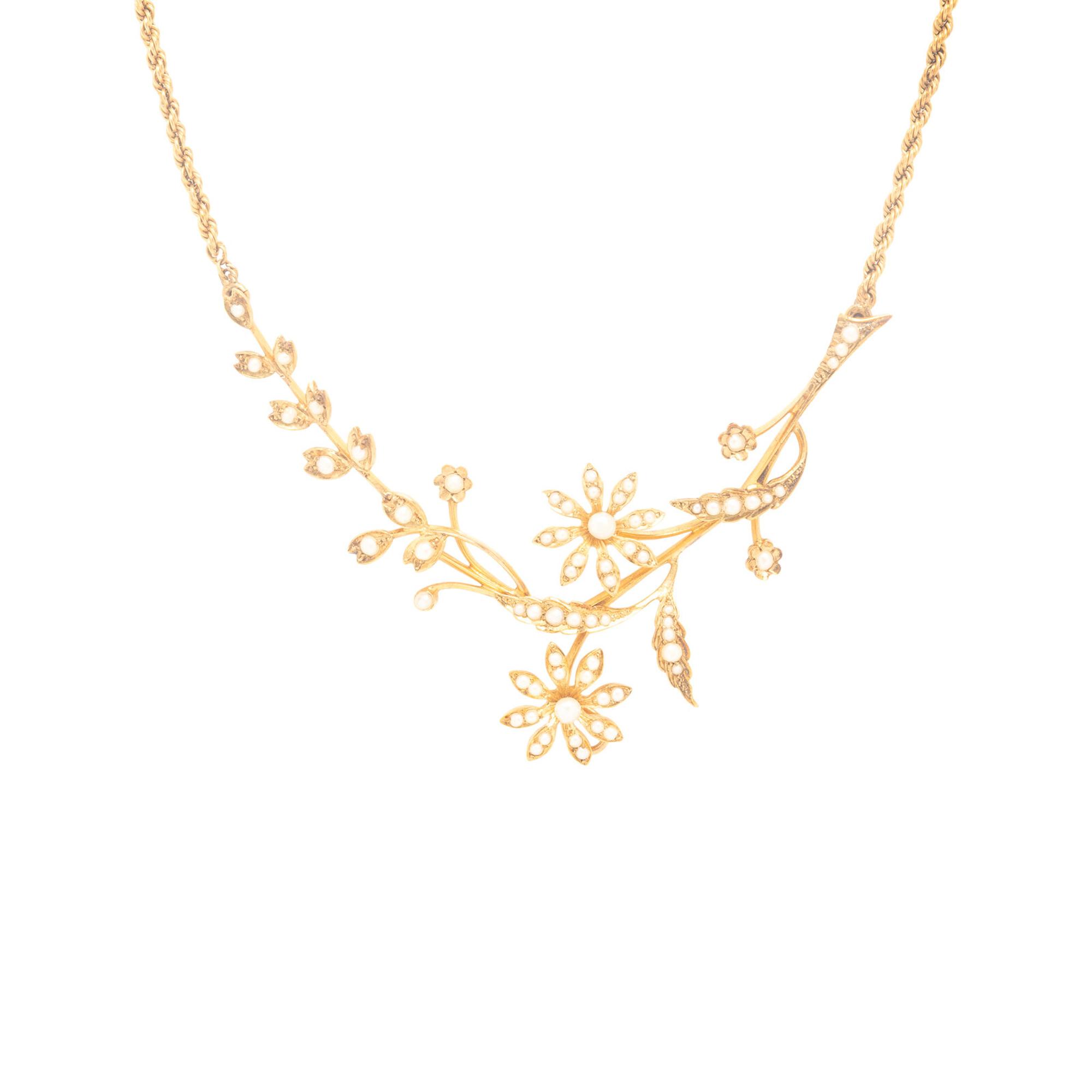 Art Nouveau, Seed Pearl and Yellow Gold Flower Necklace