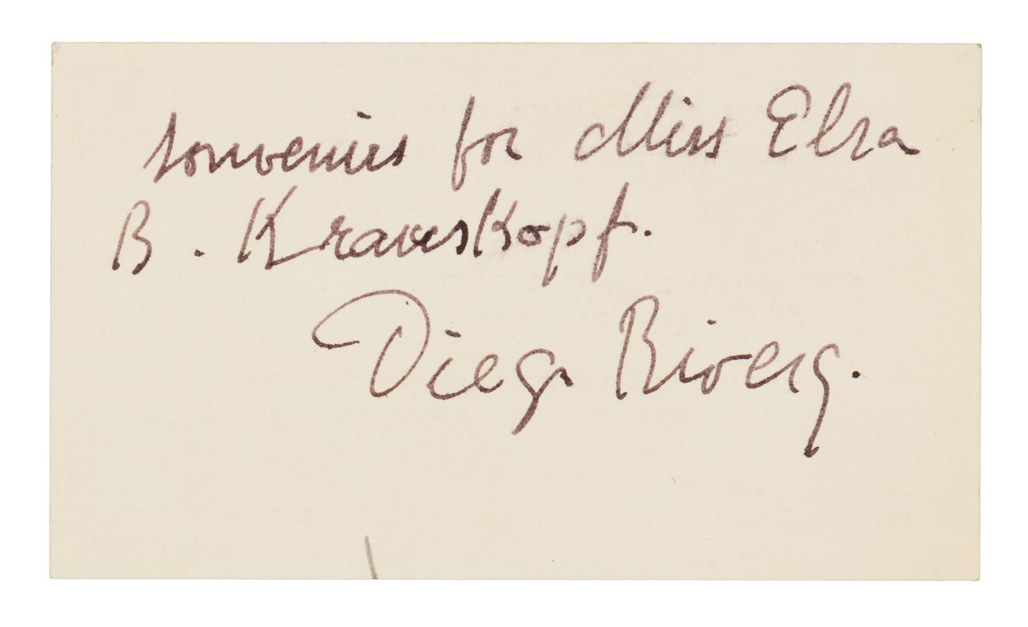 RIVERA, Diego (1886-1957). Autograph note signed ("Diego Rivera"), to Miss Elsa B. Krauskoph. N.p., n.d. [ca 1930s?].