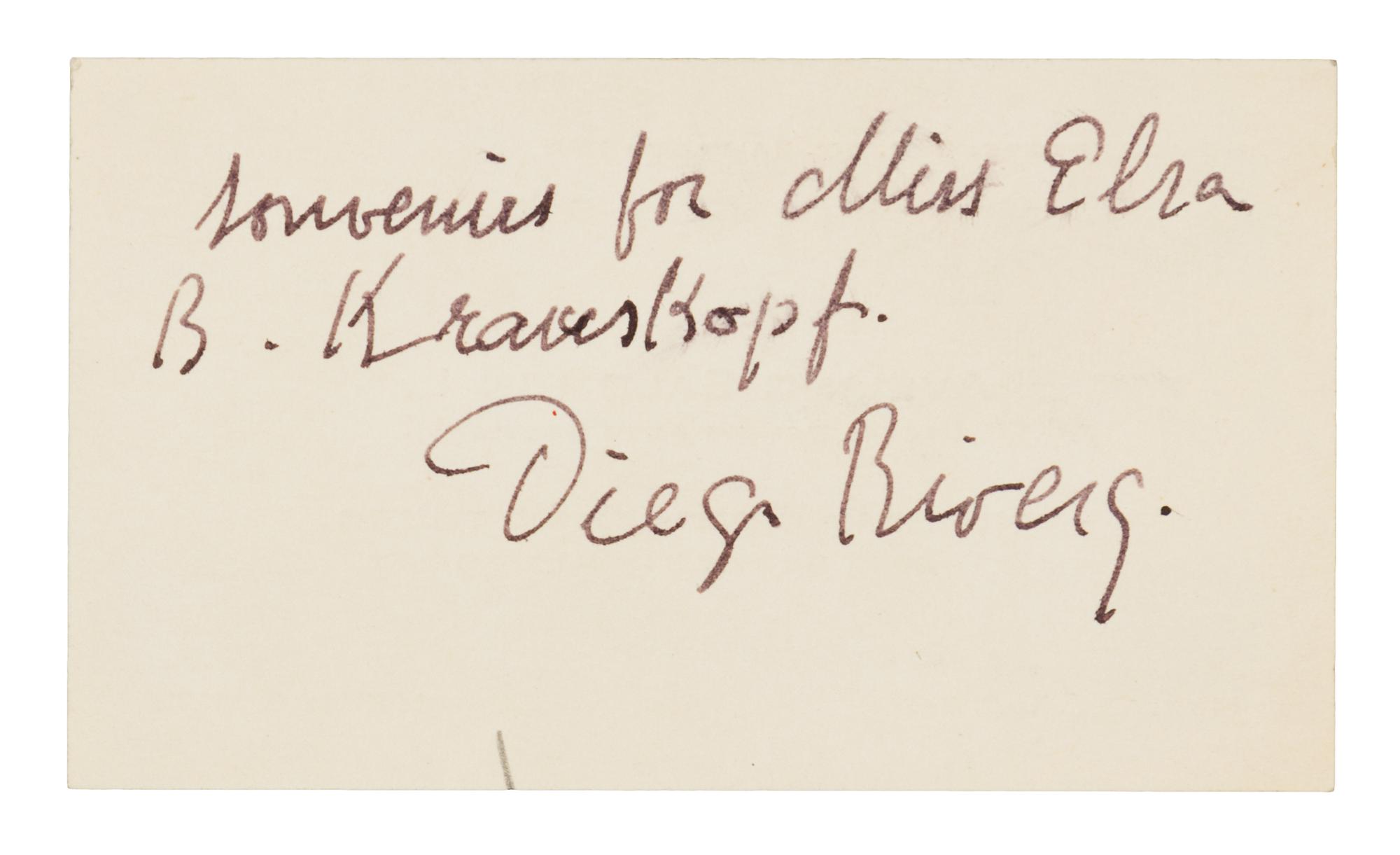 RIVERA, Diego (1886-1957). Autograph note signed ("Diego Rivera"), to Miss Elsa B. Krauskoph. N.p., n.d. [ca 1930s?].