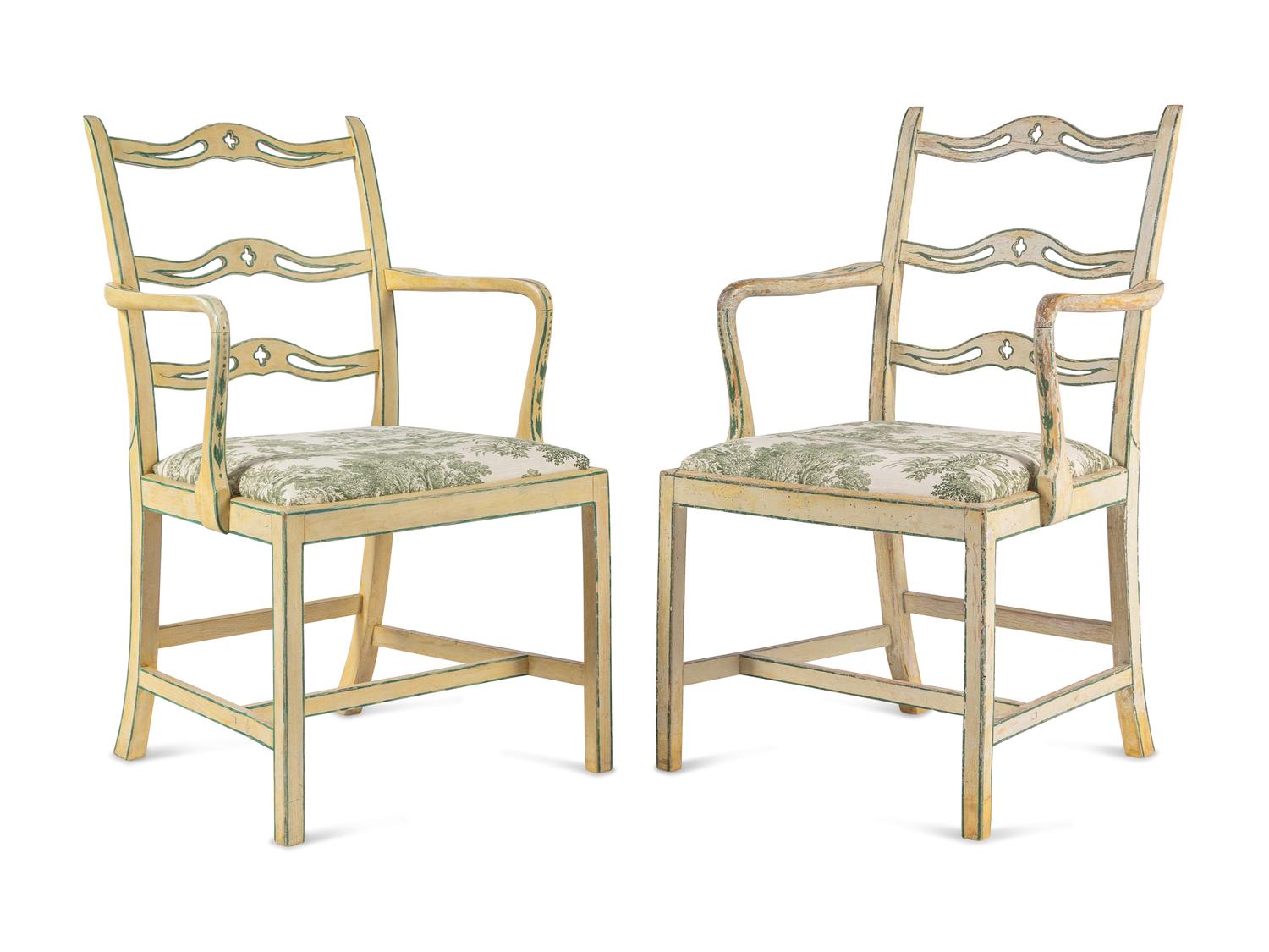 A Set of Four George III Cream and Green-Painted Ladder-Back Dining Chairs