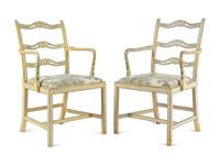 A Set of Four George III Cream and Green-Painted Ladder-Back Dining Chairs