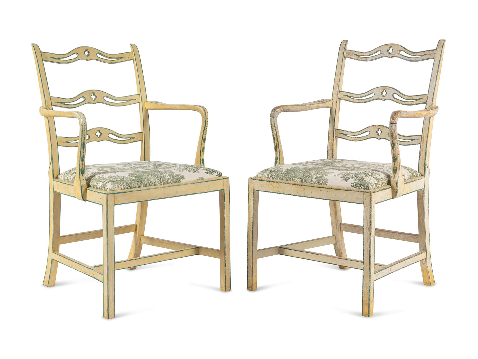 A Set of Four George III Cream and Green-Painted Ladder-Back Dining Chairs