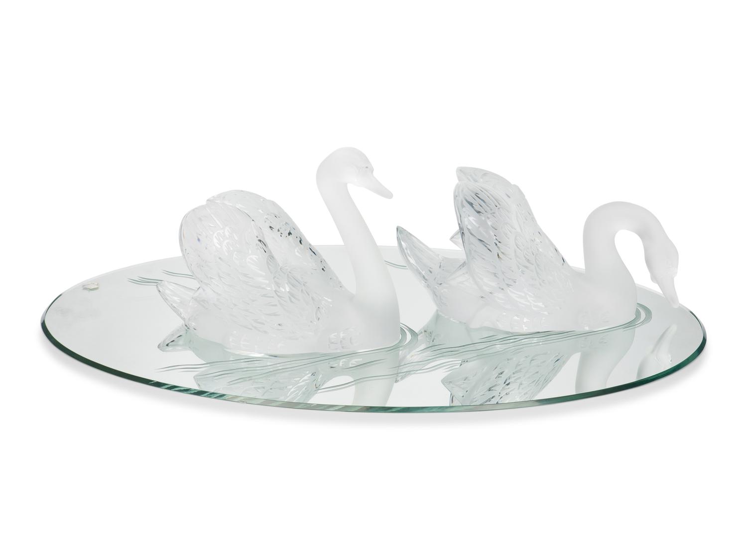 A Pair of Lalique Miroir Cygnes Sculptures and Mirror Plateau