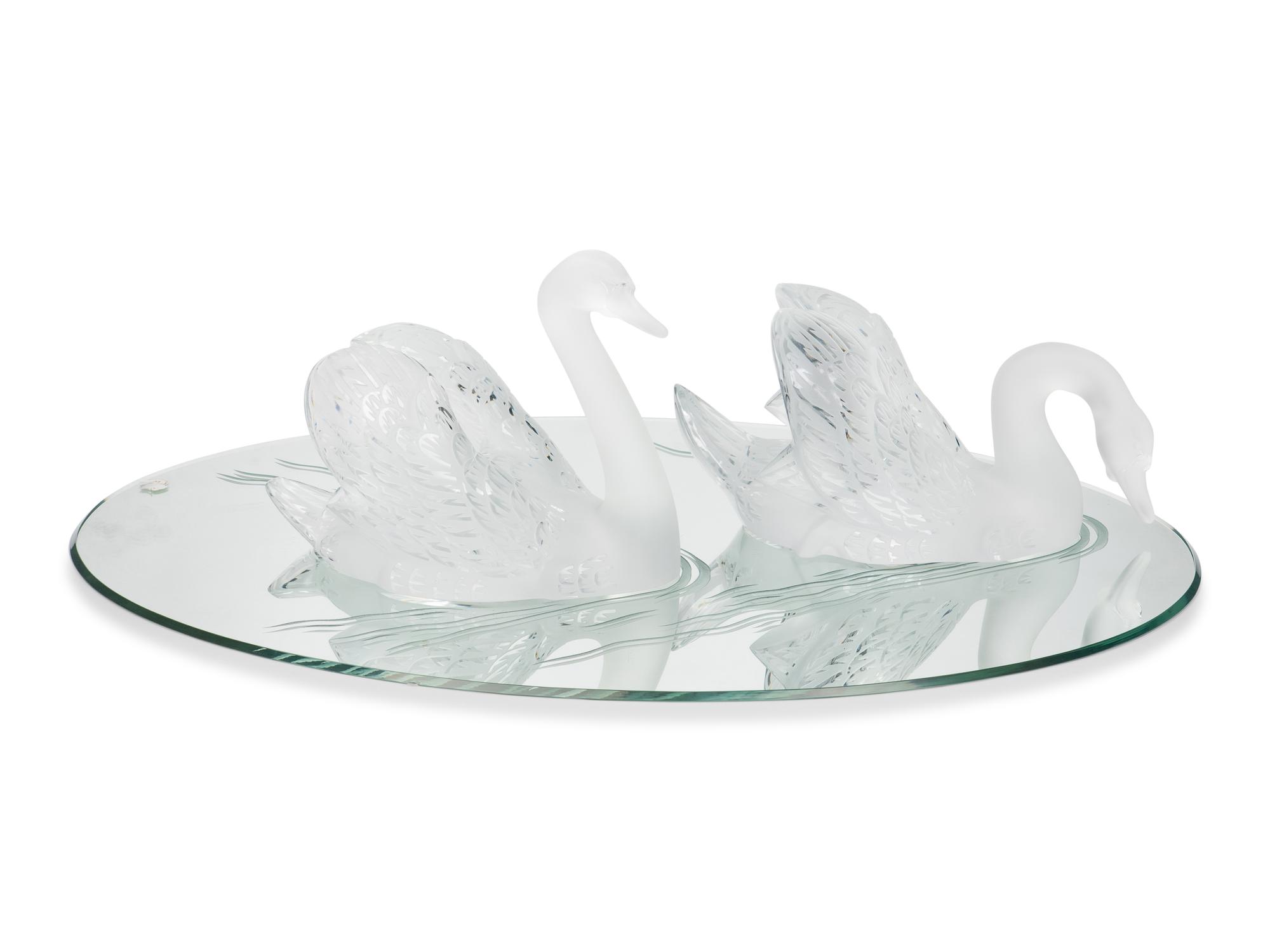 A Pair of Lalique Miroir Cygnes Sculptures and Mirror Plateau