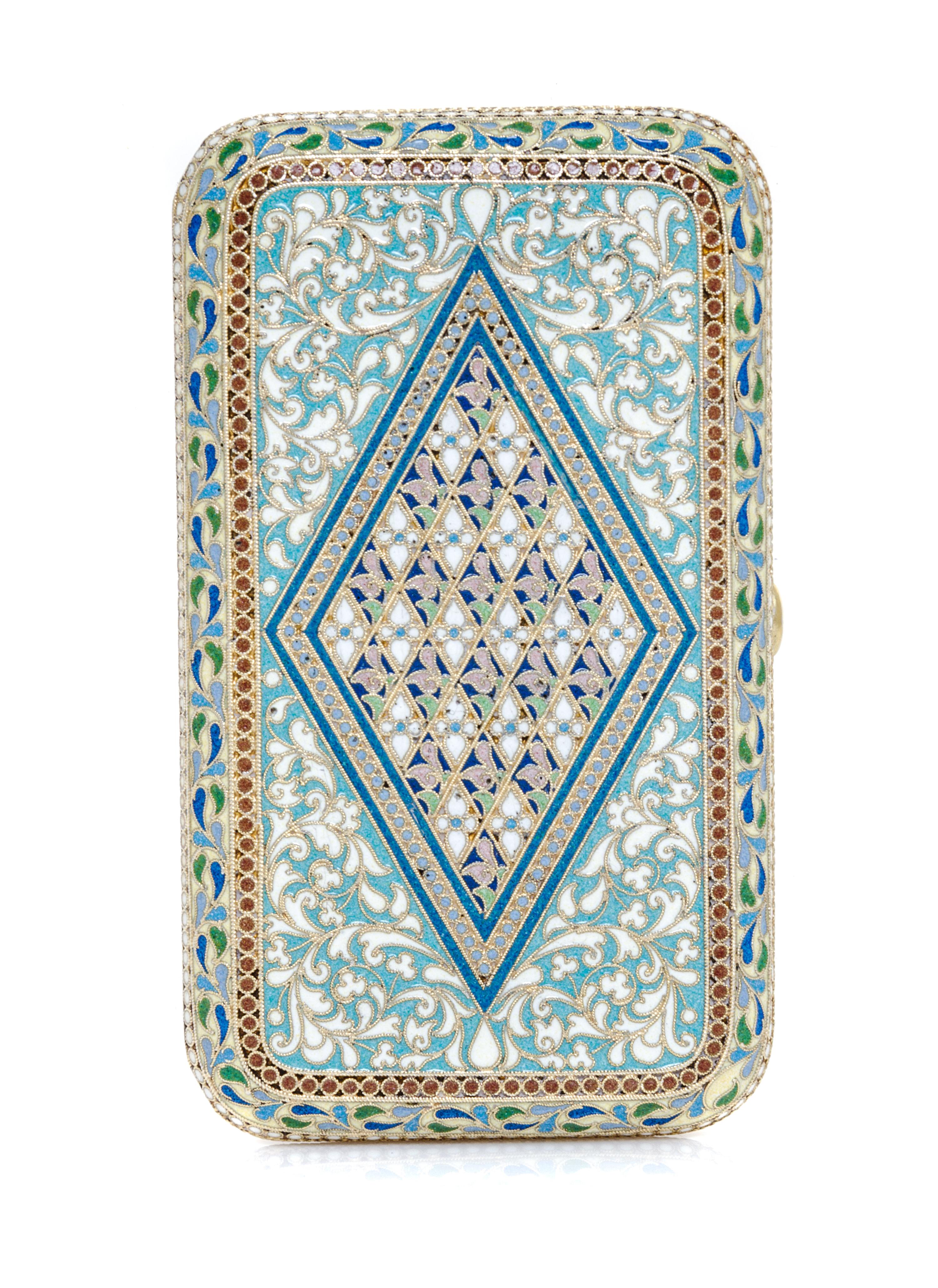 A Russian Enameled Silver-Gilt Cigarette Case, Mark of Pavel Ovchinnikov with Imperial warrant, Moscow, late 19th century, the case dec