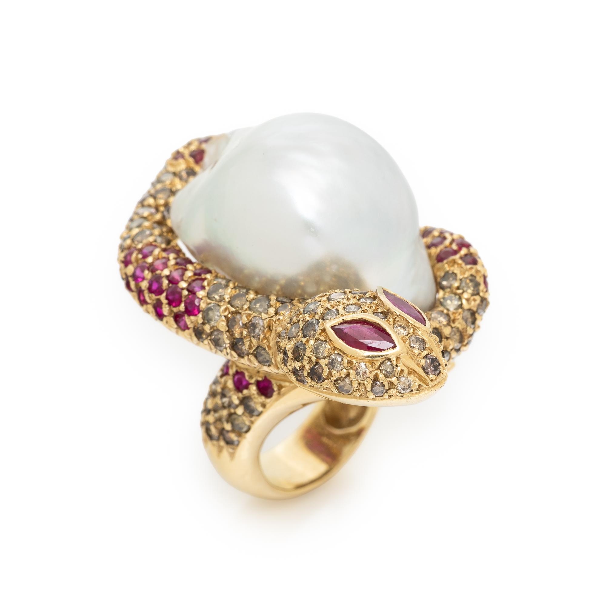 SAZINGG, RUBY, COLORED DIAMOND, BAROQUE CULTURED PEARL, AND YELLOW GOLD SNAKE RING