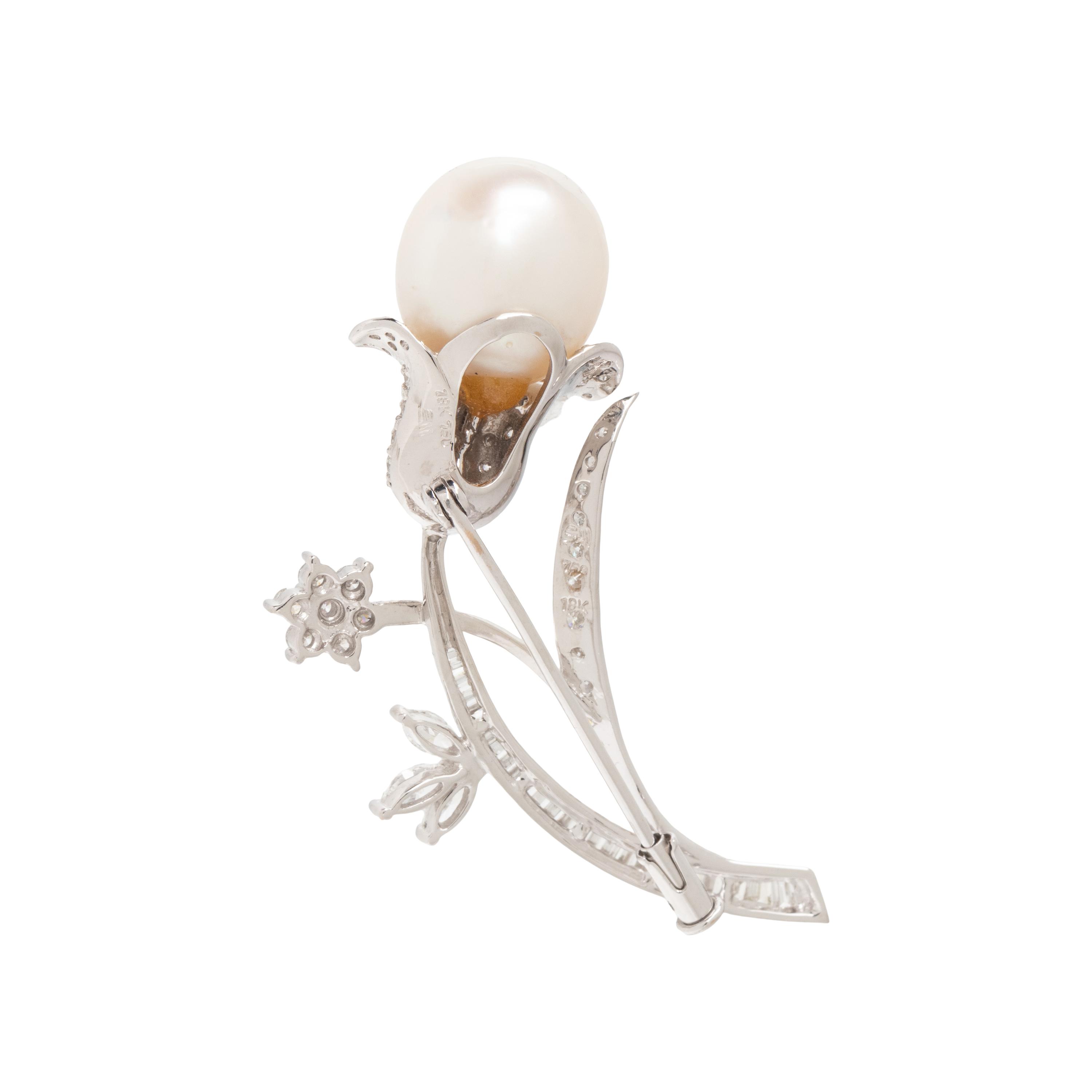 SOUTH SEA CULTURED PEARL AND DIAMOND FLOWER BROOCH