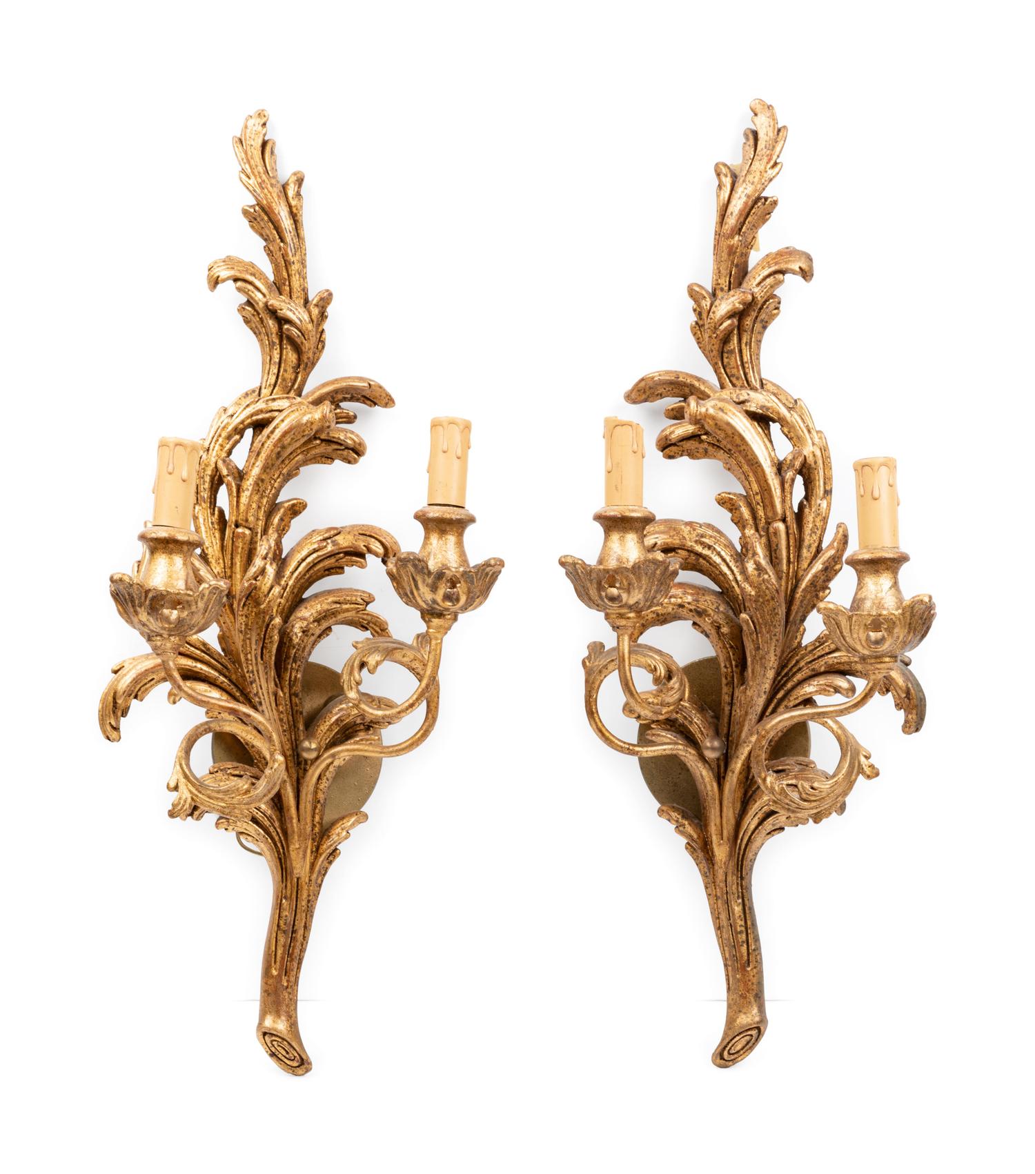 A Pair of Louis XV Style Giltwood Two-Light Sconces