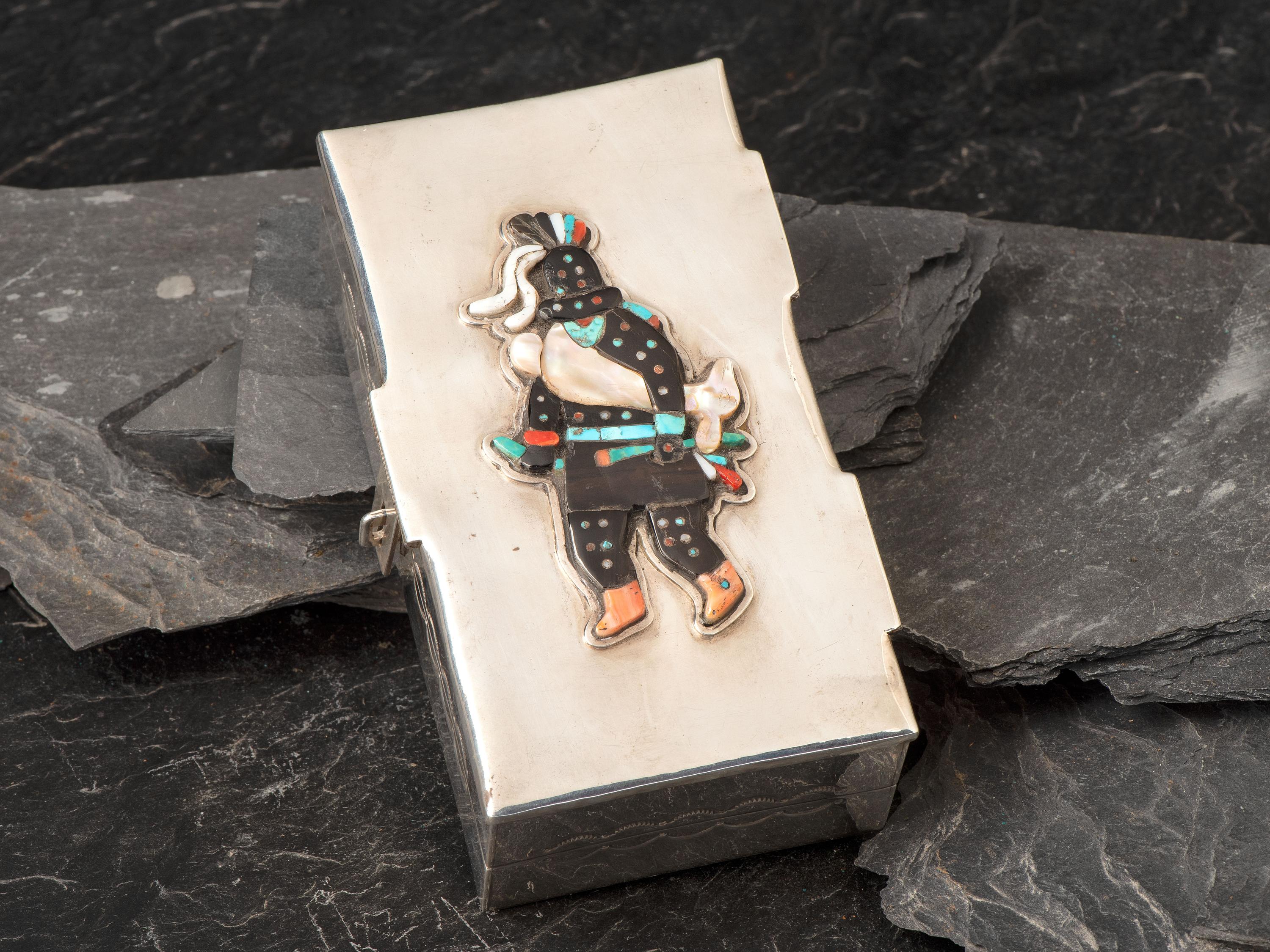 Mosaic Inlay Fire God Figure on Navajo Sterling Silver Box